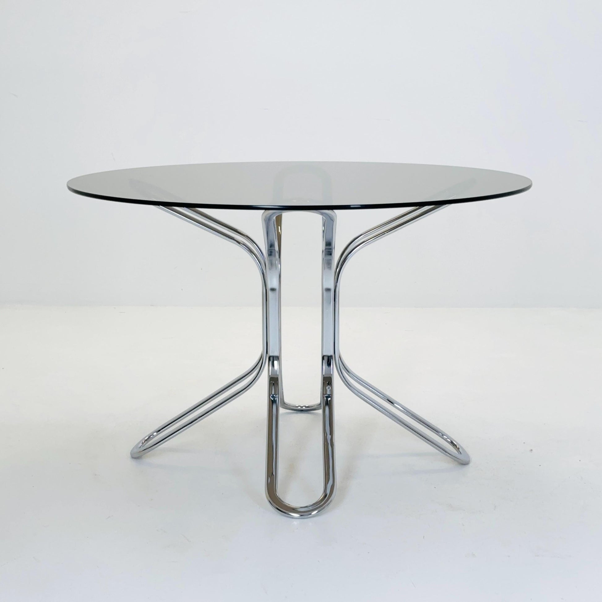Mid-Century Chrome Dining Table by Gastone Rinaldi for Rima, Italy 1980s – Smoked Glass, Bauhaus Design