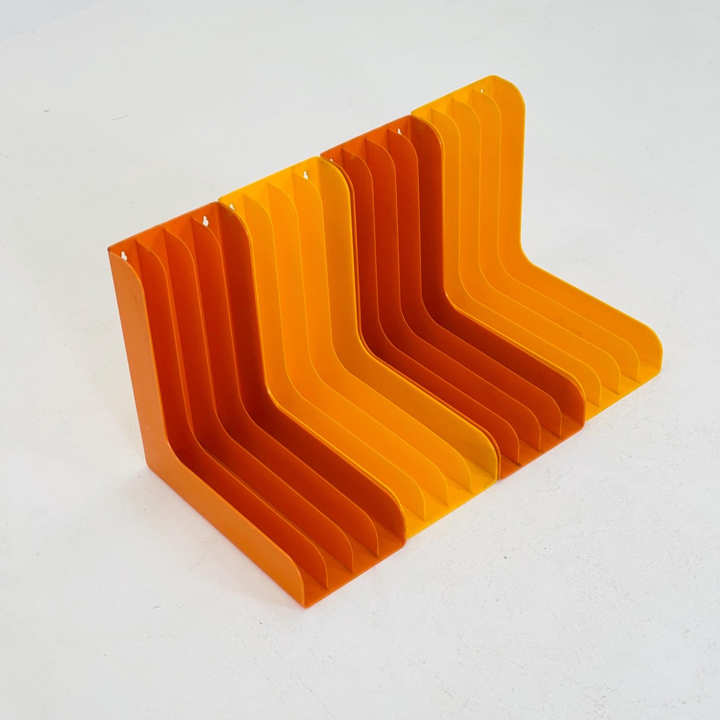 Set of 4 Mid-Century Vinyl Record Holders – 1970s West Germany, Space Age Modular ABS Storage, Orange & Yellow