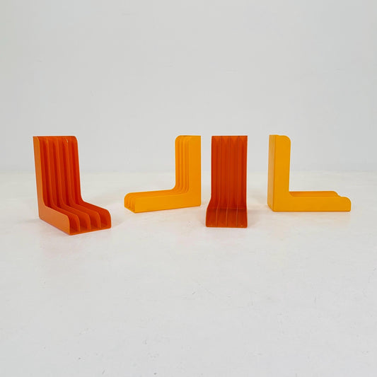 Set of 4 Mid-Century Vinyl Record Holders – 1970s West Germany, Space Age Modular ABS Storage, Orange & Yellow