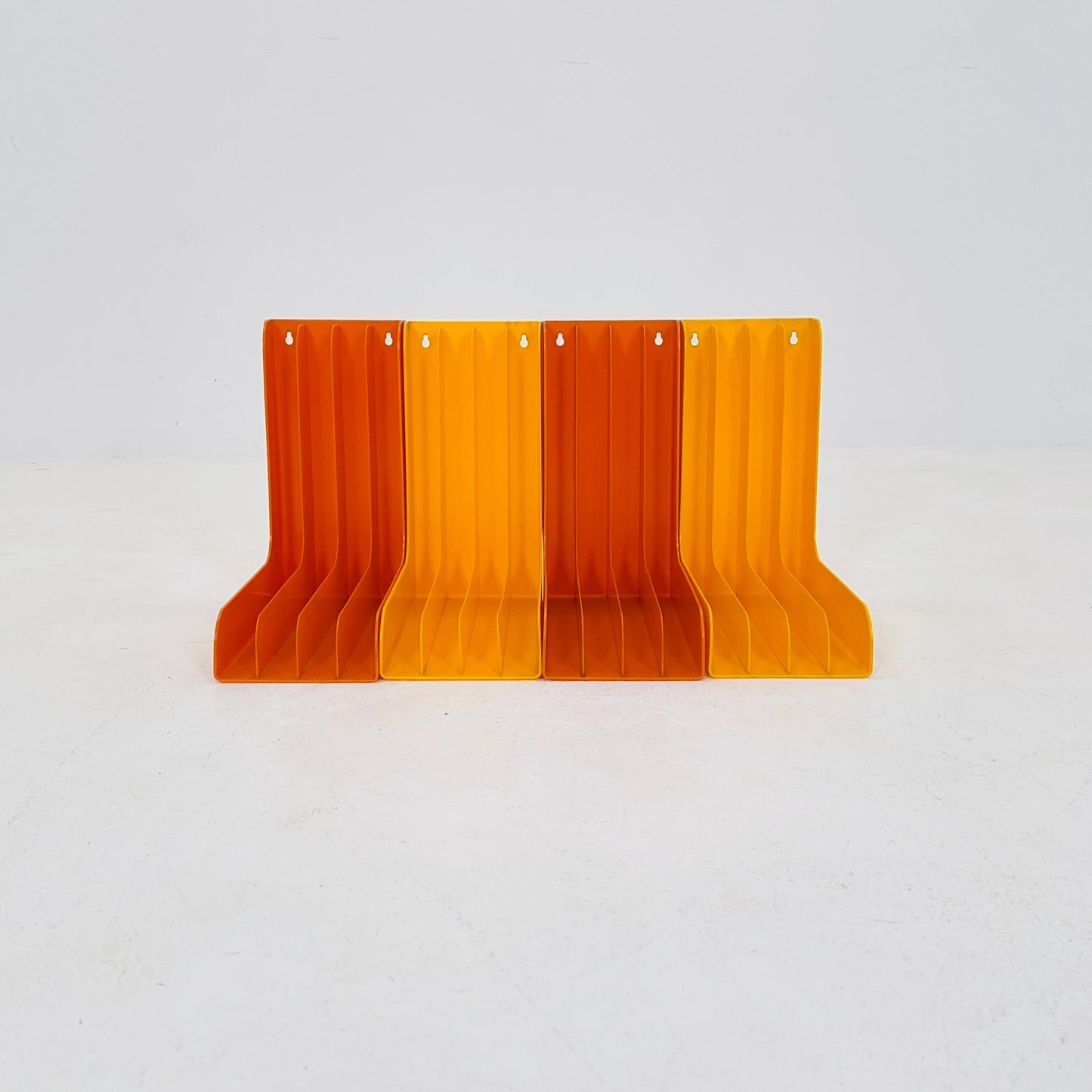 Set of 4 Mid-Century Vinyl Record Holders – 1970s West Germany, Space Age Modular ABS Storage, Orange & Yellow
