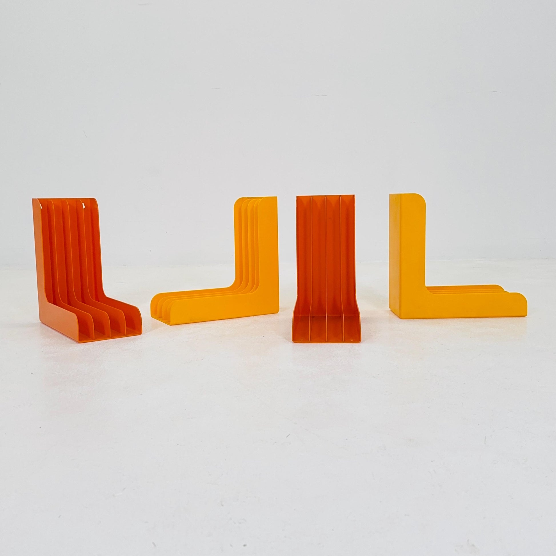 Set of 4 Mid-Century Vinyl Record Holders – 1970s West Germany, Space Age Modular ABS Storage, Orange & Yellow
