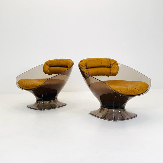 Pair of Space Age Lucite Pod Lounge Chairs by Raphaël Raffel, France 1970s – Smoked Acrylic & Leather