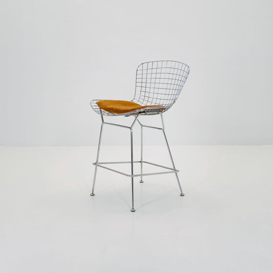 Mid Century Bertoia Style Bar Stool, Chrome Wire Base, Cognac Velvet Seat, Italy 1980s