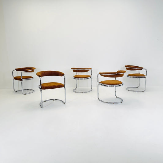 Set of 5 Mid Century Cognac velvet Dining armchairs by Giotto Stoppino, Italy, 1970s