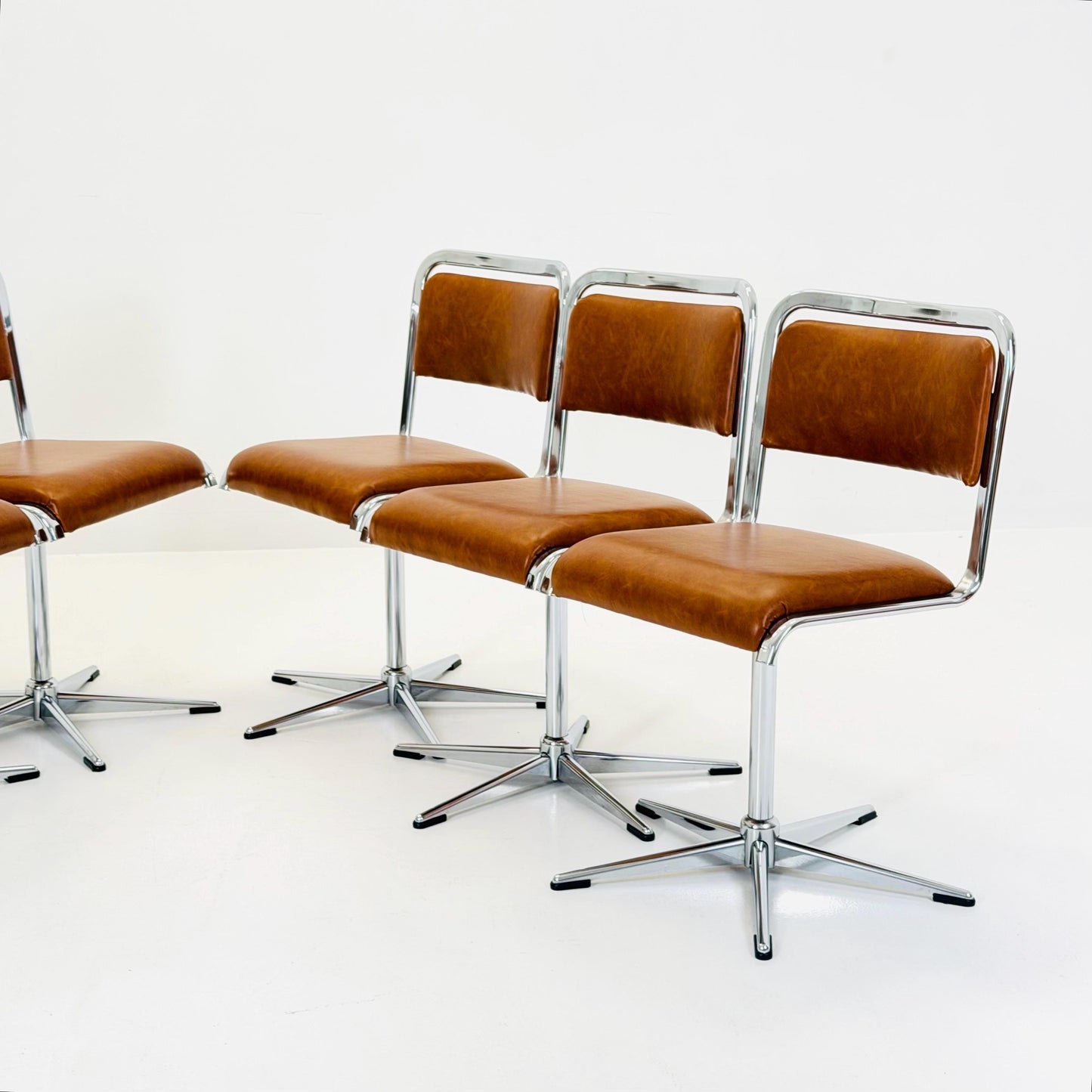 Set of 6 Mid-Century Space Age Swivel Dining Chairs by EKA, Chrome & Brown Leather, Germany 1970s