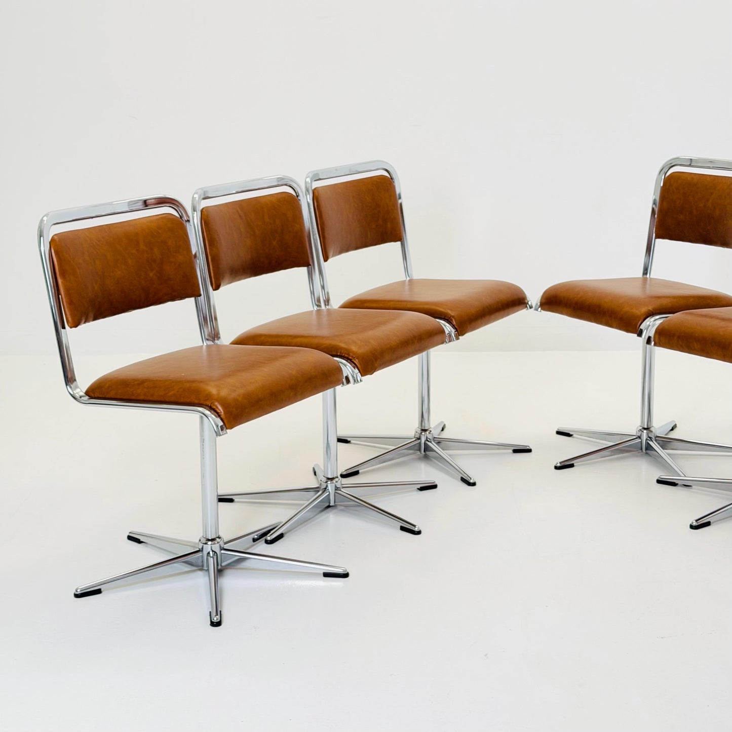 Set of 6 Mid-Century Space Age Swivel Dining Chairs by EKA, Chrome & Brown Leather, Germany 1970s