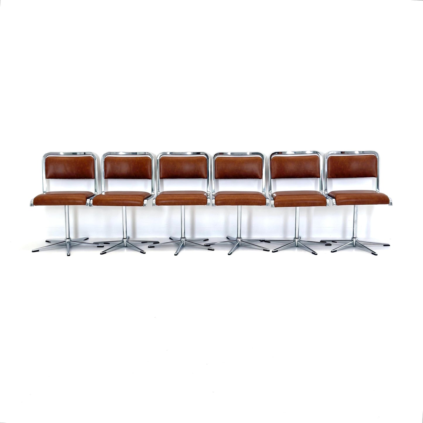 Set of 6 Mid-Century Space Age Swivel Dining Chairs by EKA, Chrome & Brown Leather, Germany 1970s