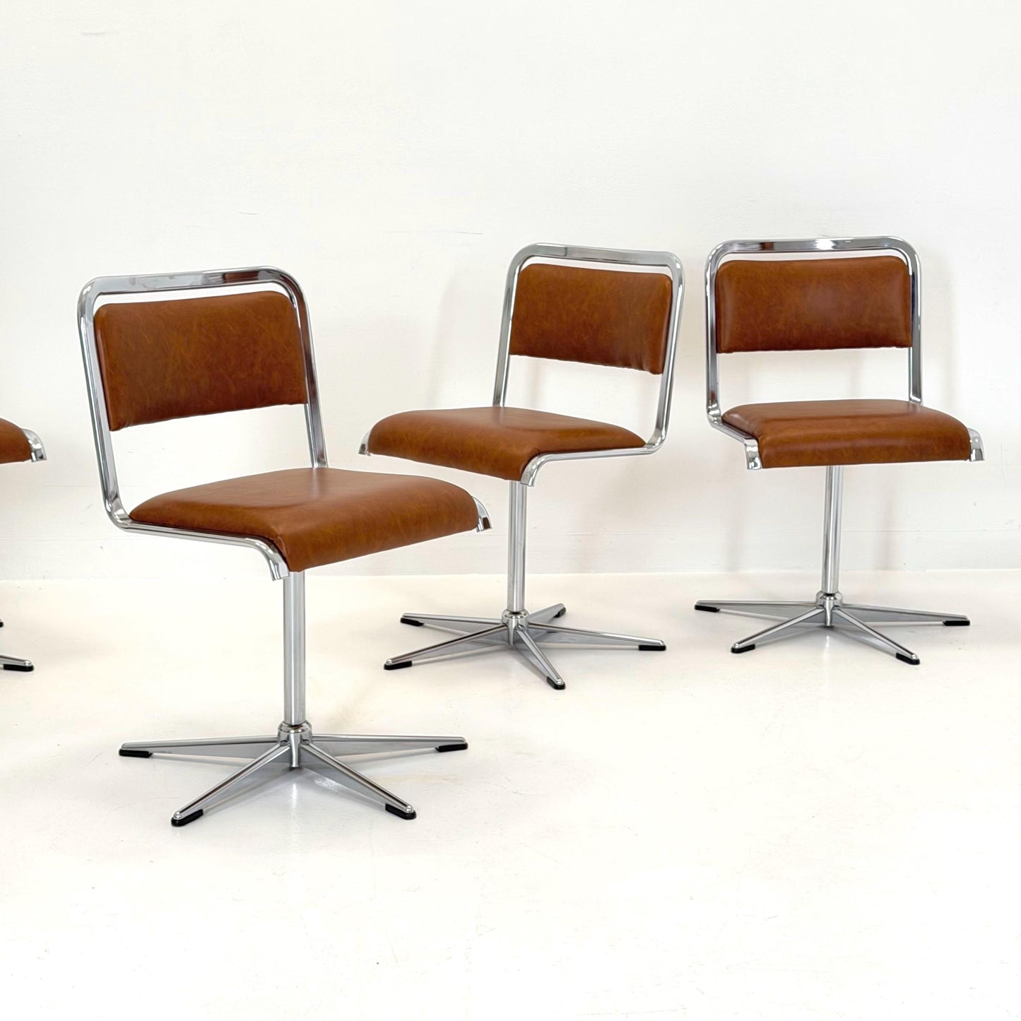 Set of 6 Mid-Century Space Age Swivel Dining Chairs by EKA, Chrome & Brown Leather, Germany 1970s