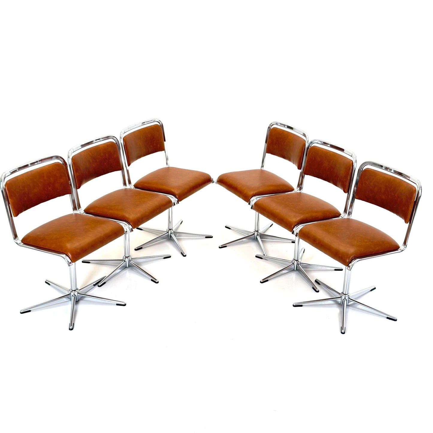 Set of 6 Mid-Century Space Age Swivel Dining Chairs by EKA, Chrome & Brown Leather, Germany 1970s
