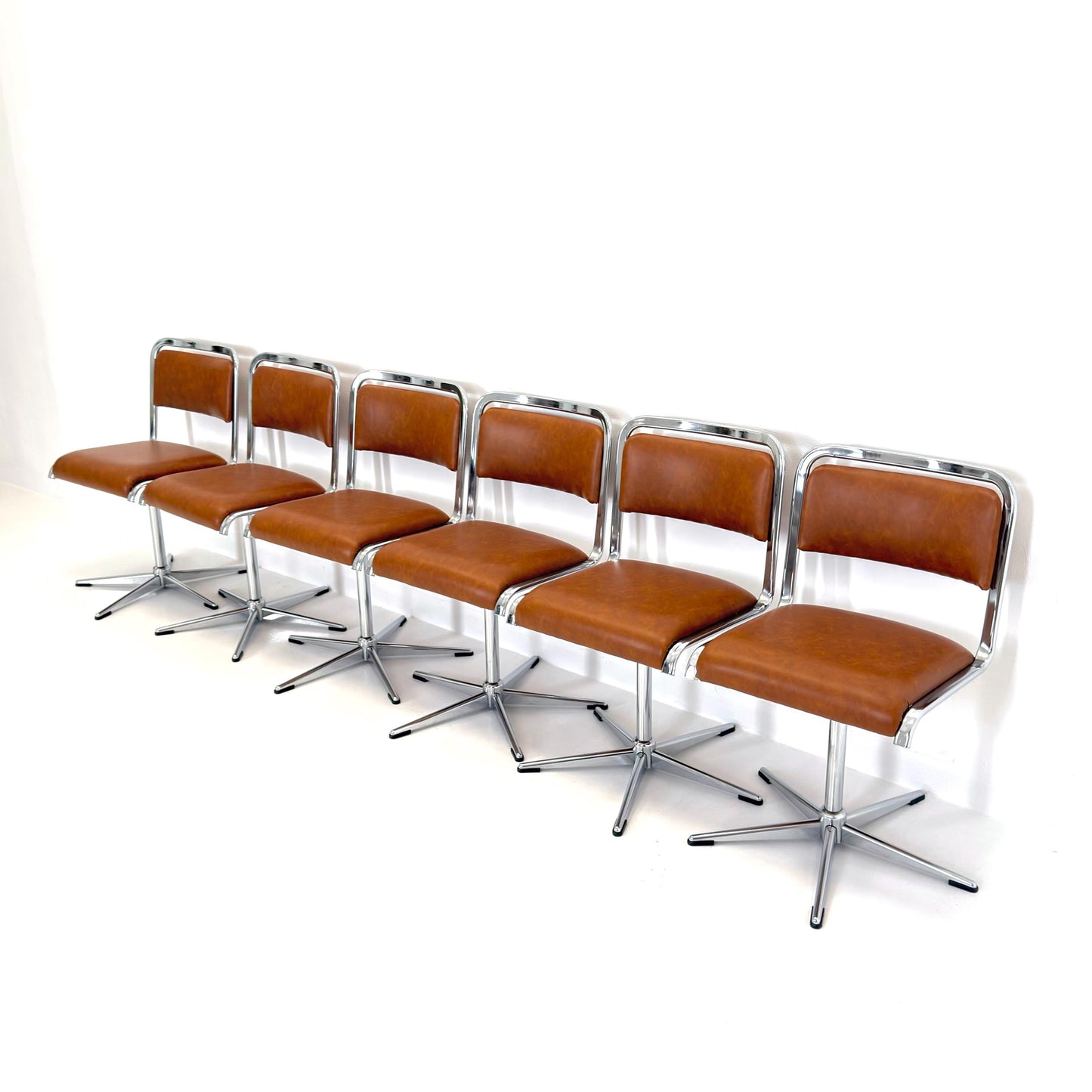 Set of 6 Mid-Century Space Age Swivel Dining Chairs by EKA, Chrome & Brown Leather, Germany 1970s