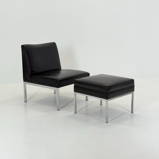 Mid century black leather Bauhaus Lounge chair and ottoman 1980s Thonet