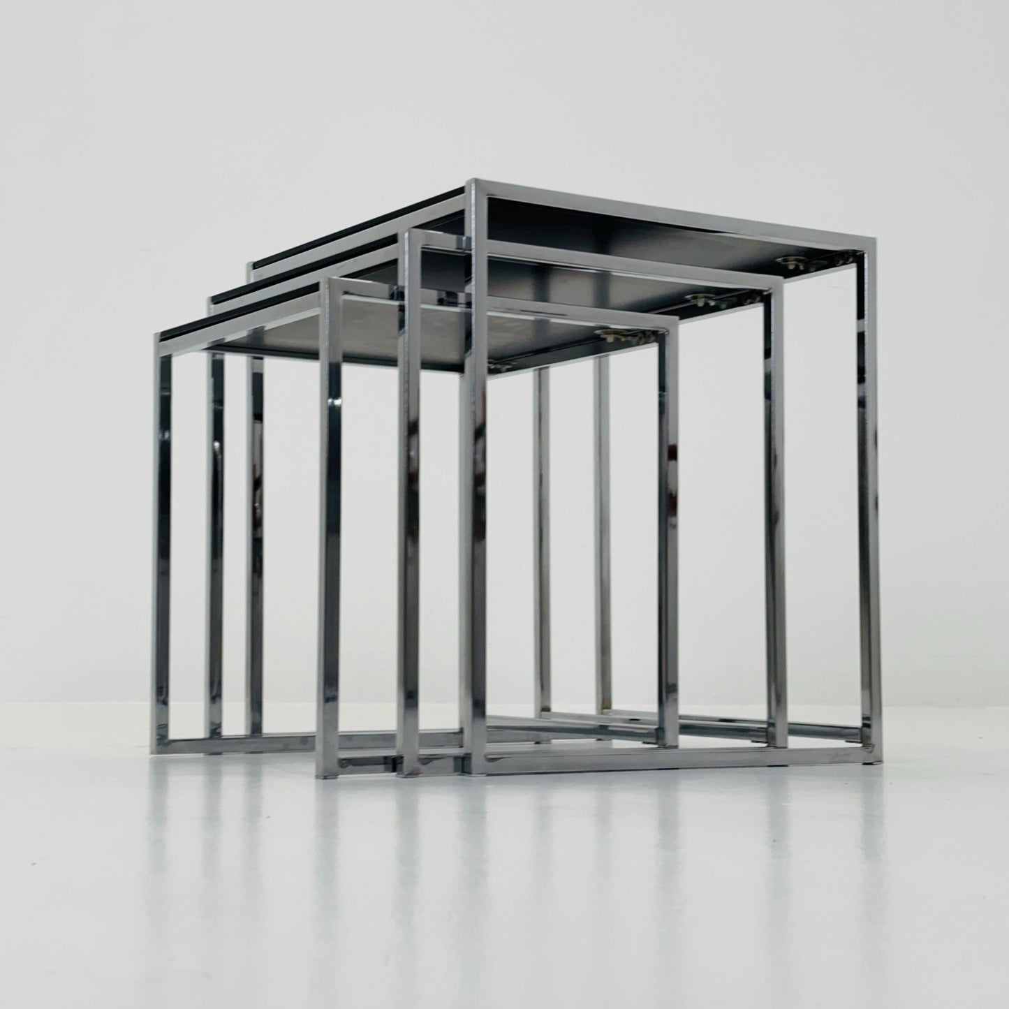 Set of 3 Italian Postmodern Nesting Tables, Black Glass & Chrome Coffee Tables, Milo Baughman Style, 1980s Italy