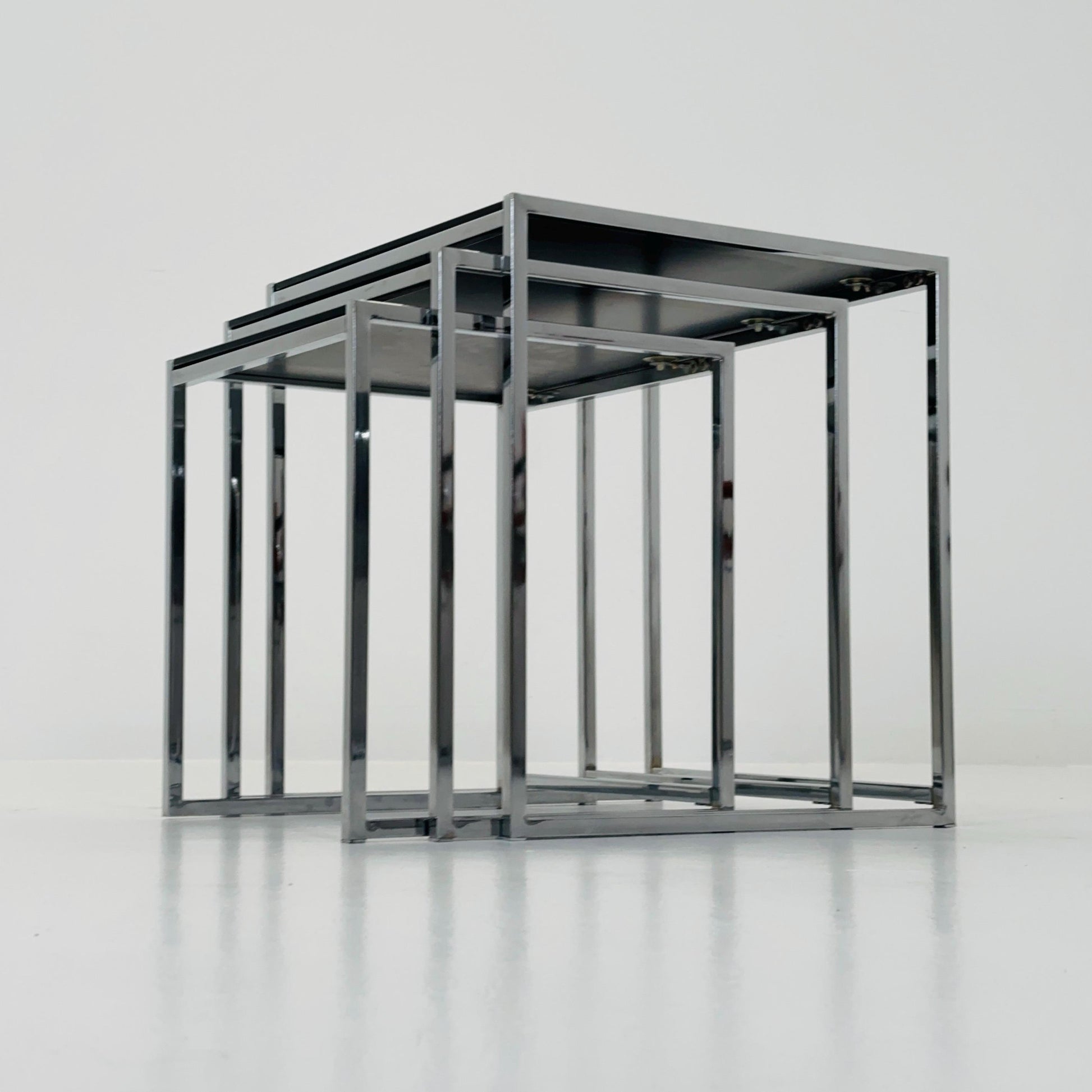 Set of 3 Italian Postmodern Nesting Tables, Black Glass & Chrome Coffee Tables, Milo Baughman Style, 1980s Italy