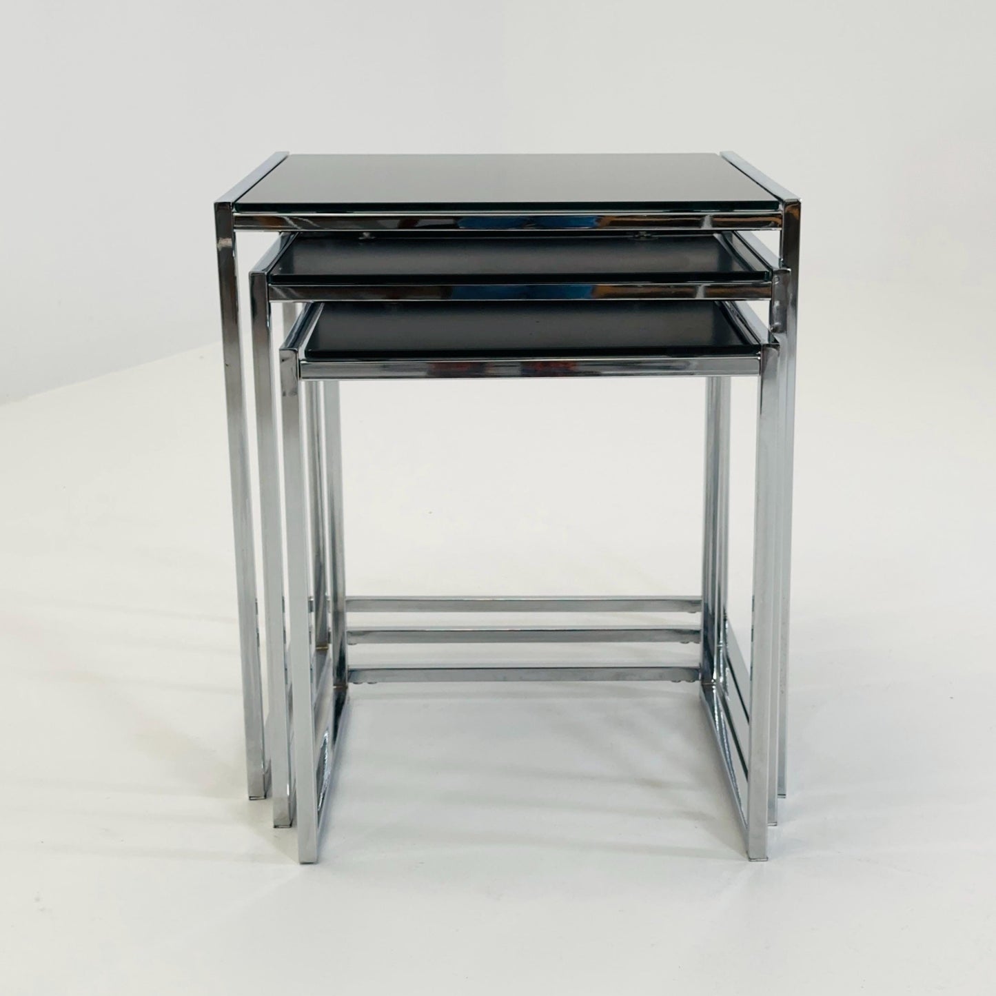 Set of 3 Italian Postmodern Nesting Tables, Black Glass & Chrome Coffee Tables, Milo Baughman Style, 1980s Italy