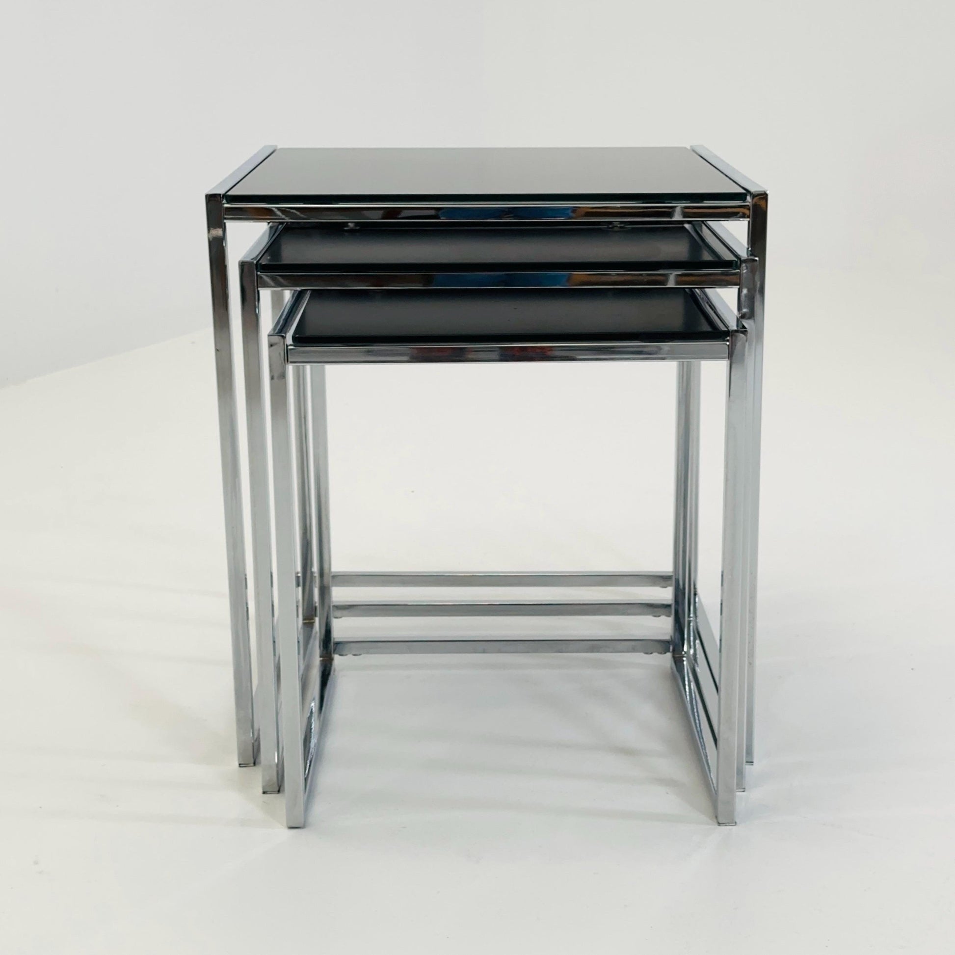 Set of 3 Italian Postmodern Nesting Tables, Black Glass & Chrome Coffee Tables, Milo Baughman Style, 1980s Italy