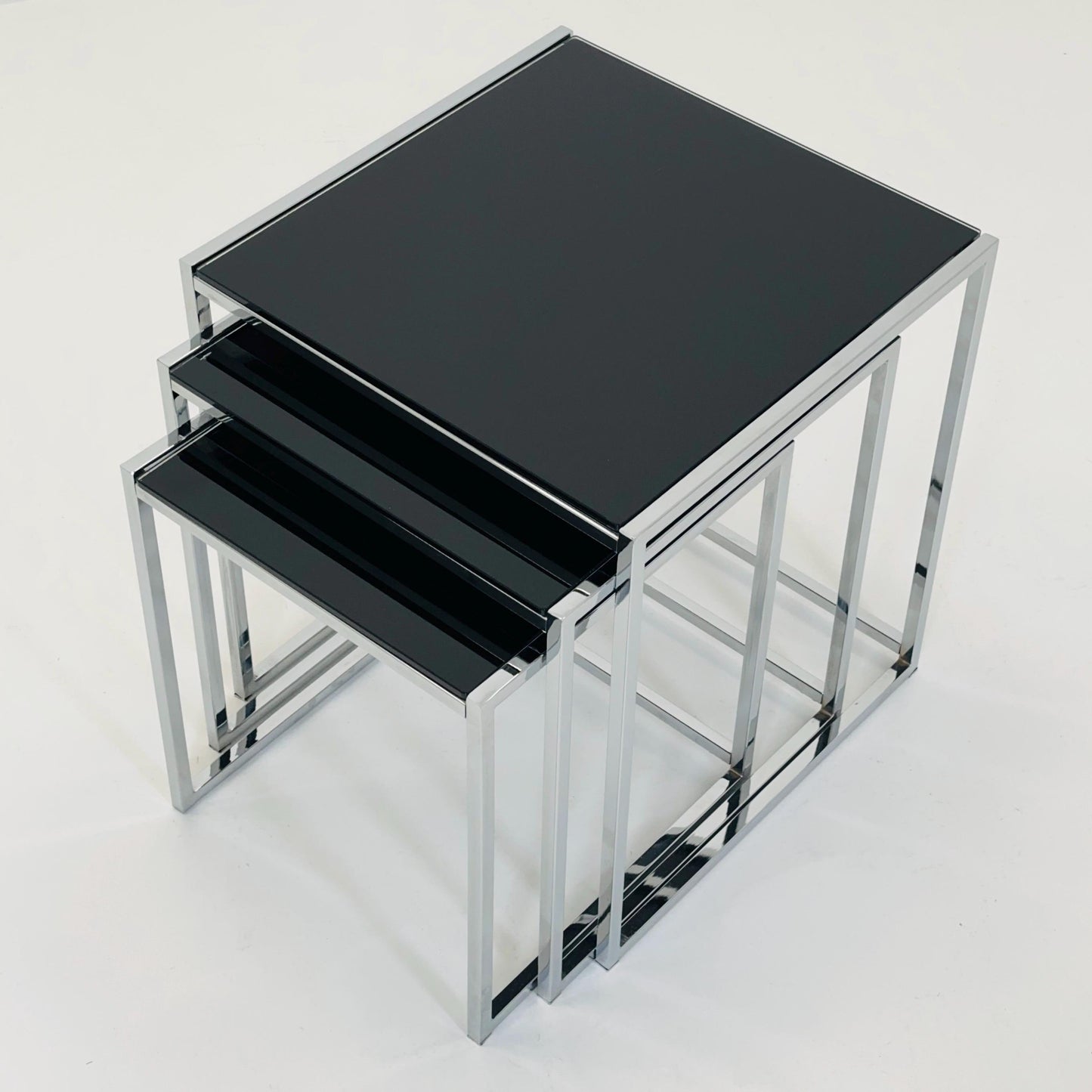 Set of 3 Italian Postmodern Nesting Tables, Black Glass & Chrome Coffee Tables, Milo Baughman Style, 1980s Italy