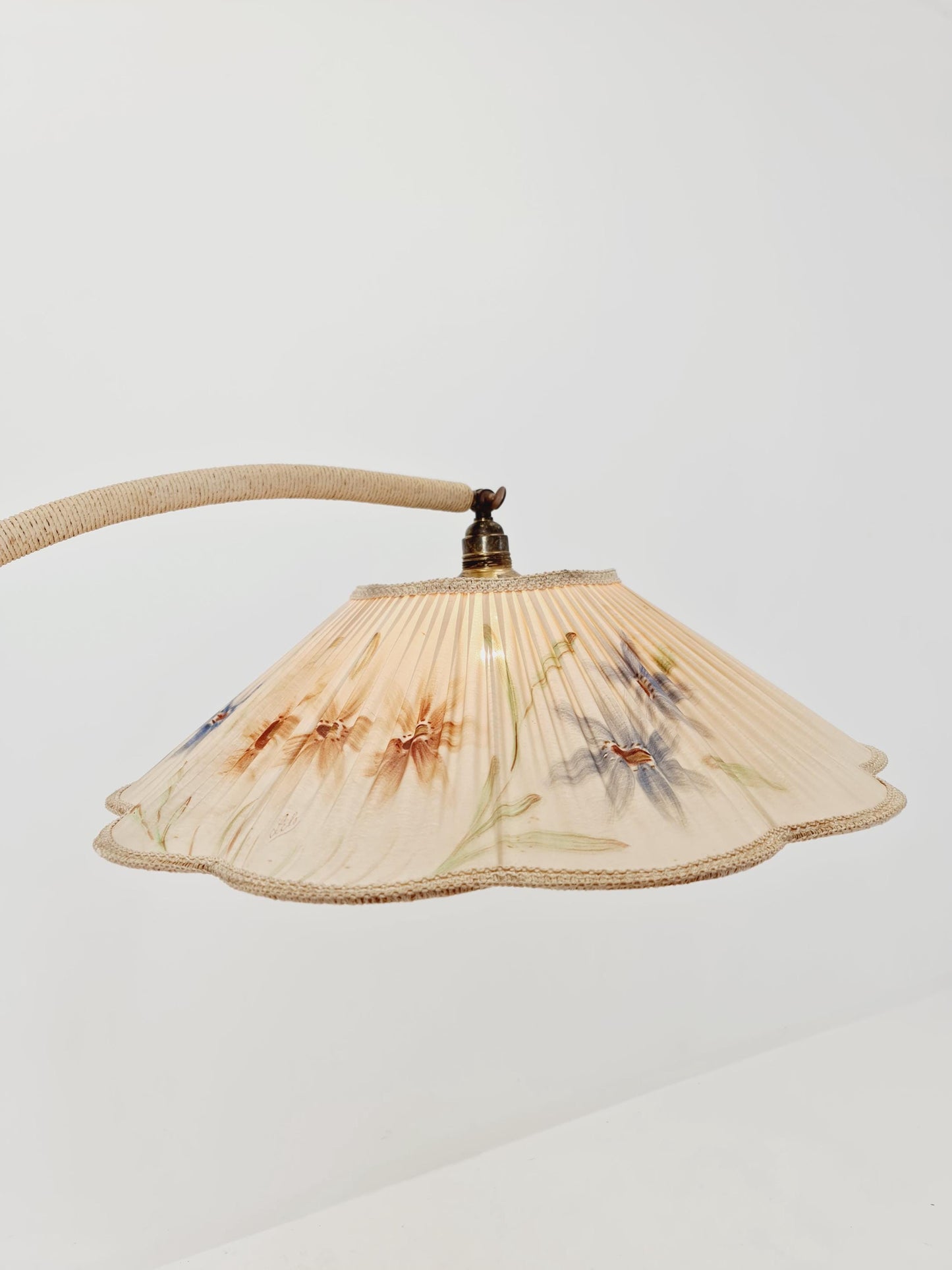 Rare Midcentury vintage gooseneck floor lamp in Wood and Dansih cord shade by Marksljöd Sweden, 1940s