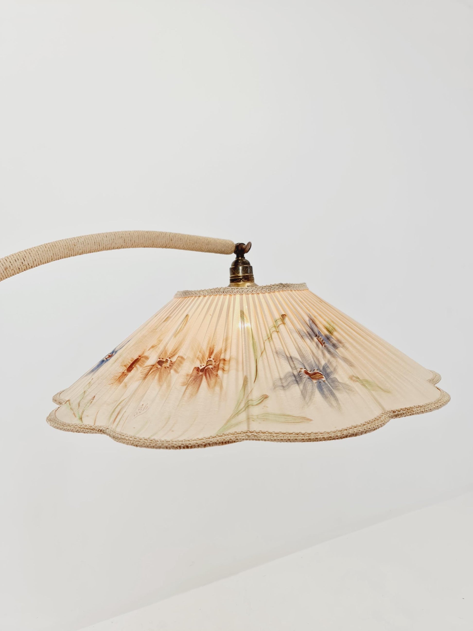 Rare Midcentury vintage gooseneck floor lamp in Wood and Dansih cord shade by Marksljöd Sweden, 1940s