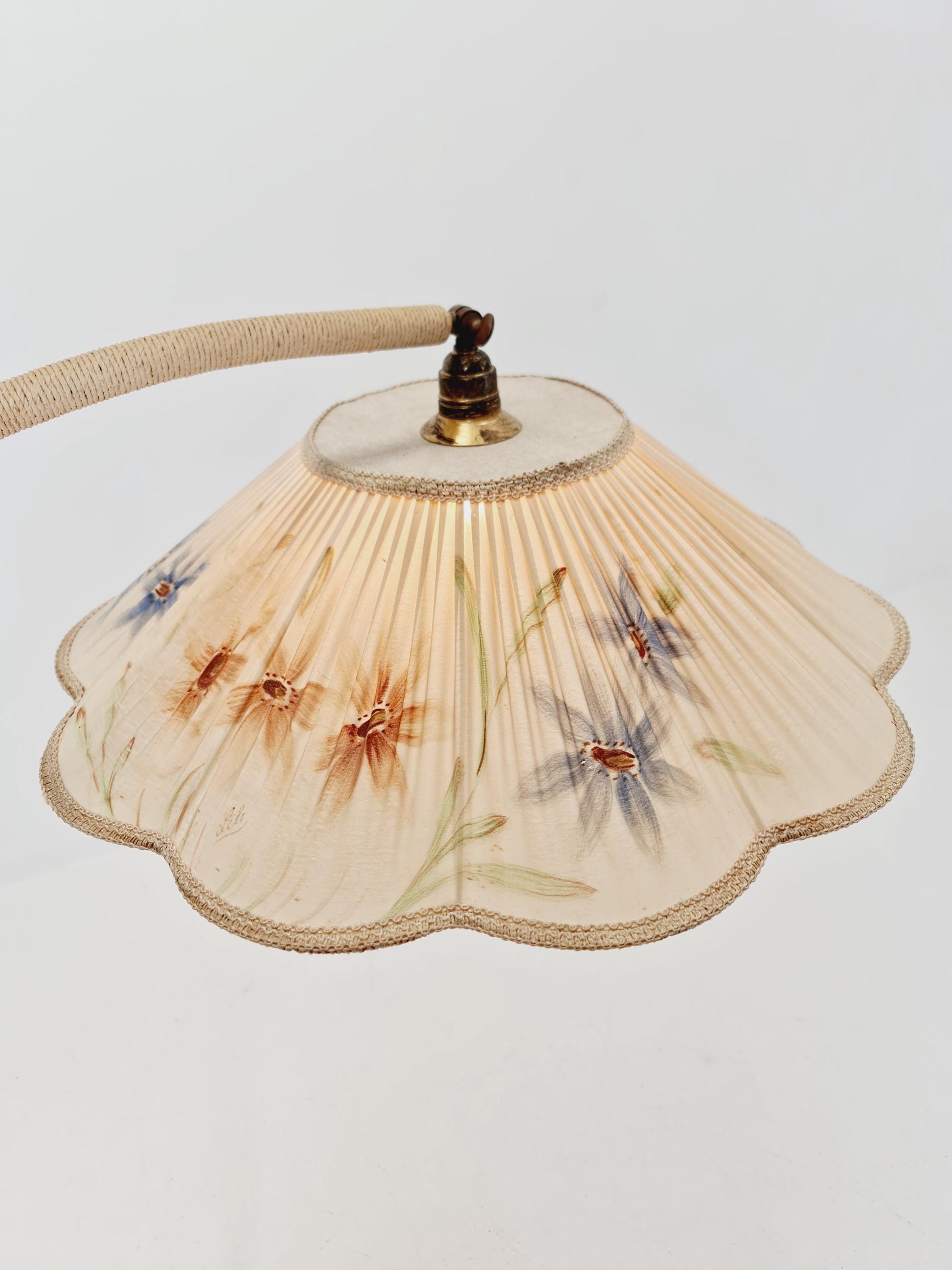 Rare Midcentury vintage gooseneck floor lamp in Wood and Dansih cord shade by Marksljöd Sweden, 1940s