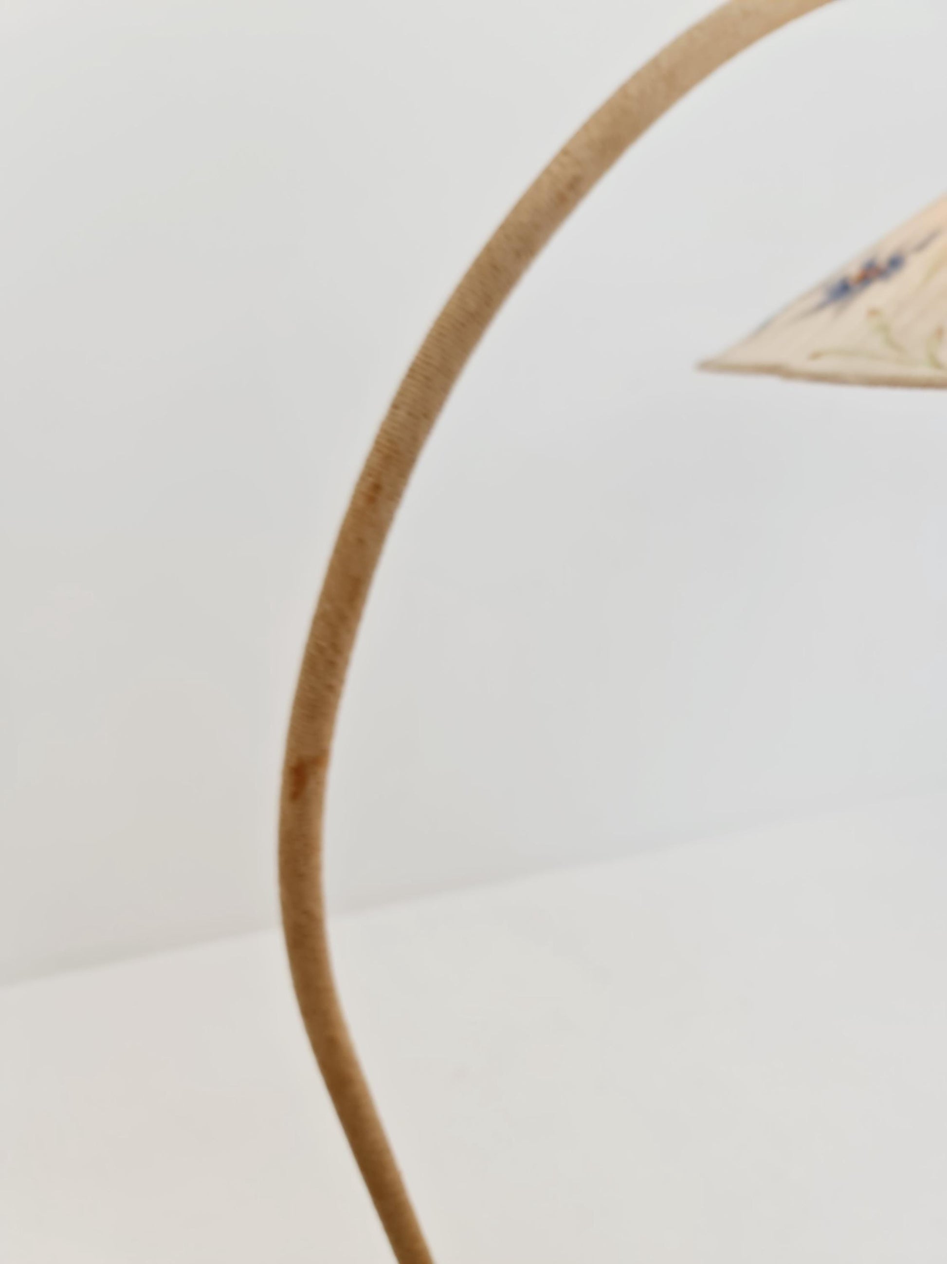 Rare Midcentury vintage gooseneck floor lamp in Wood and Dansih cord shade by Marksljöd Sweden, 1940s