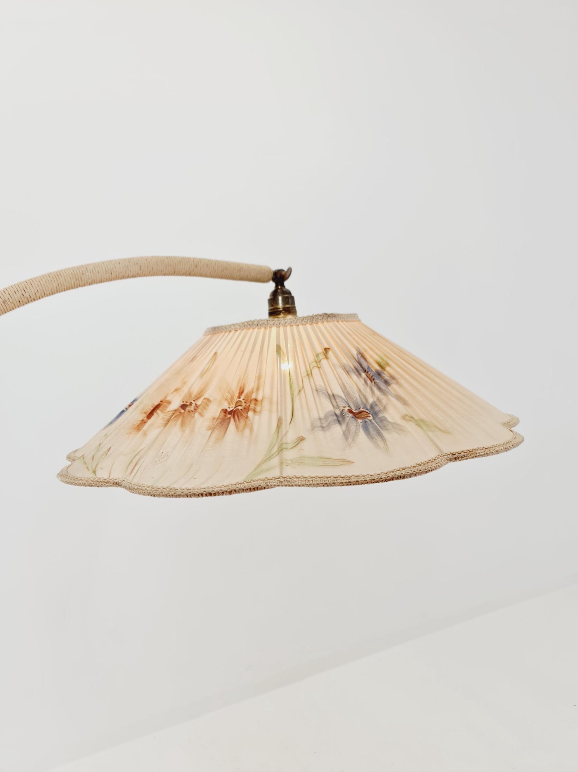 Rare Midcentury vintage gooseneck floor lamp in Wood and Dansih cord shade by Marksljöd Sweden, 1940s