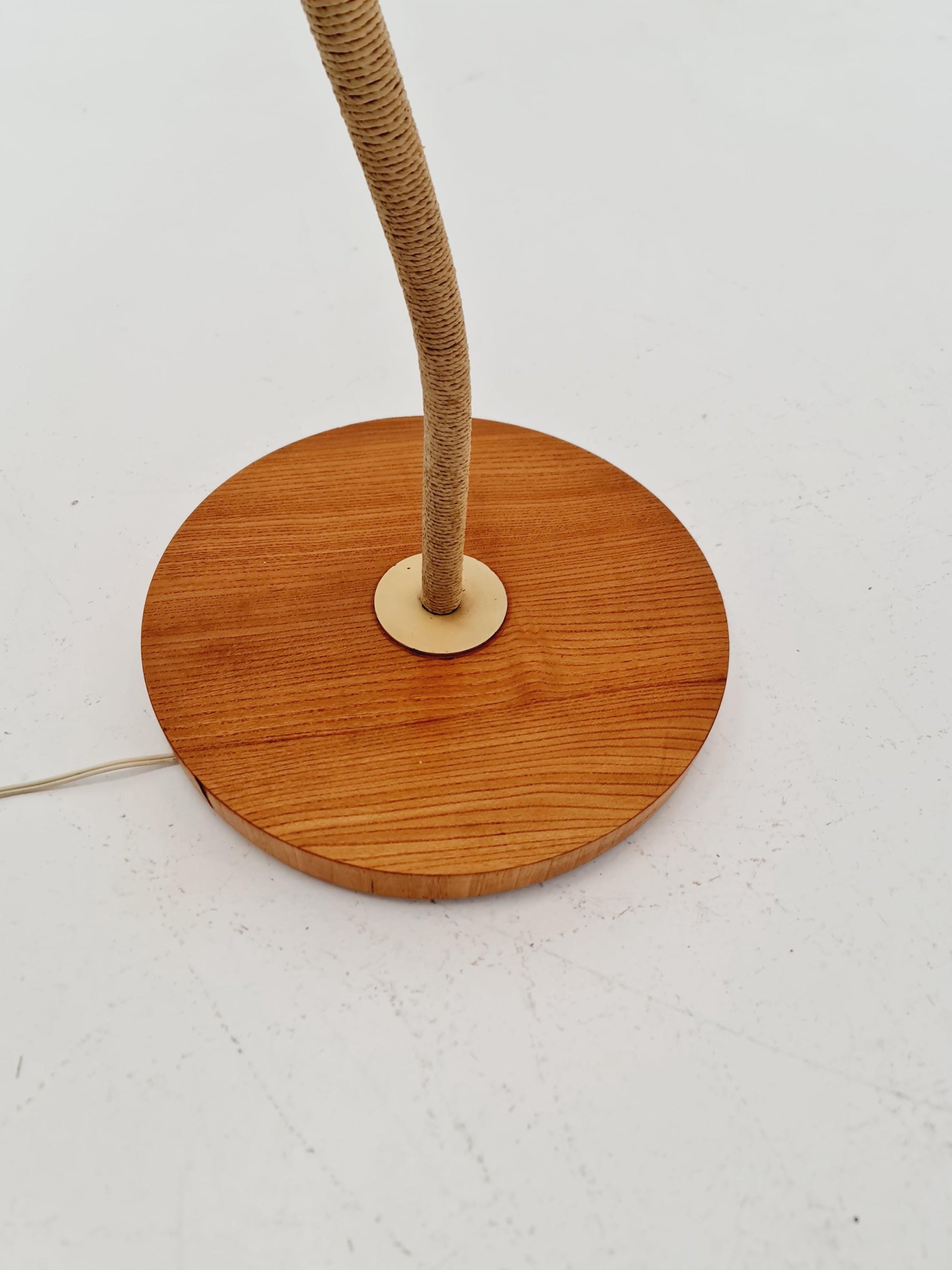 Rare Midcentury vintage gooseneck floor lamp in Wood and Dansih cord shade by Marksljöd Sweden, 1940s