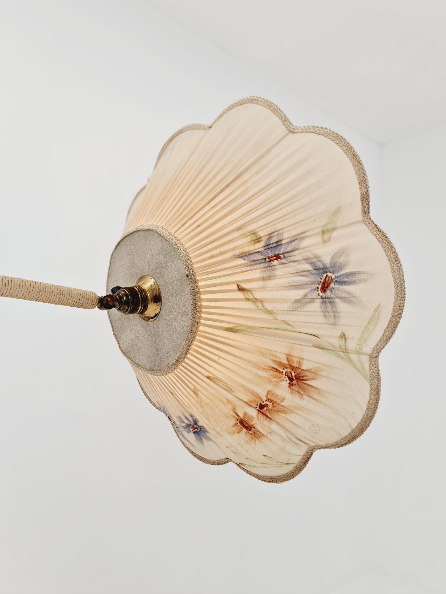 Rare Midcentury vintage gooseneck floor lamp in Wood and Dansih cord shade by Marksljöd Sweden, 1940s