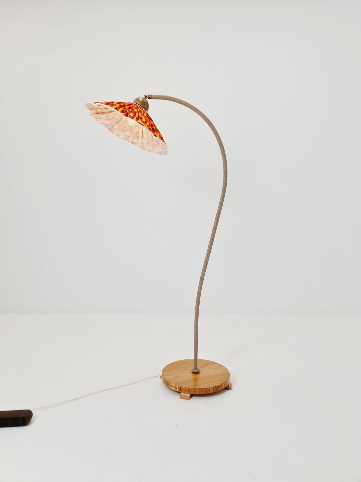 Rare Midcentury vintage gooseneck floor lamp in Wood and Dansih cord shade by Marksljöd Sweden, 1940s