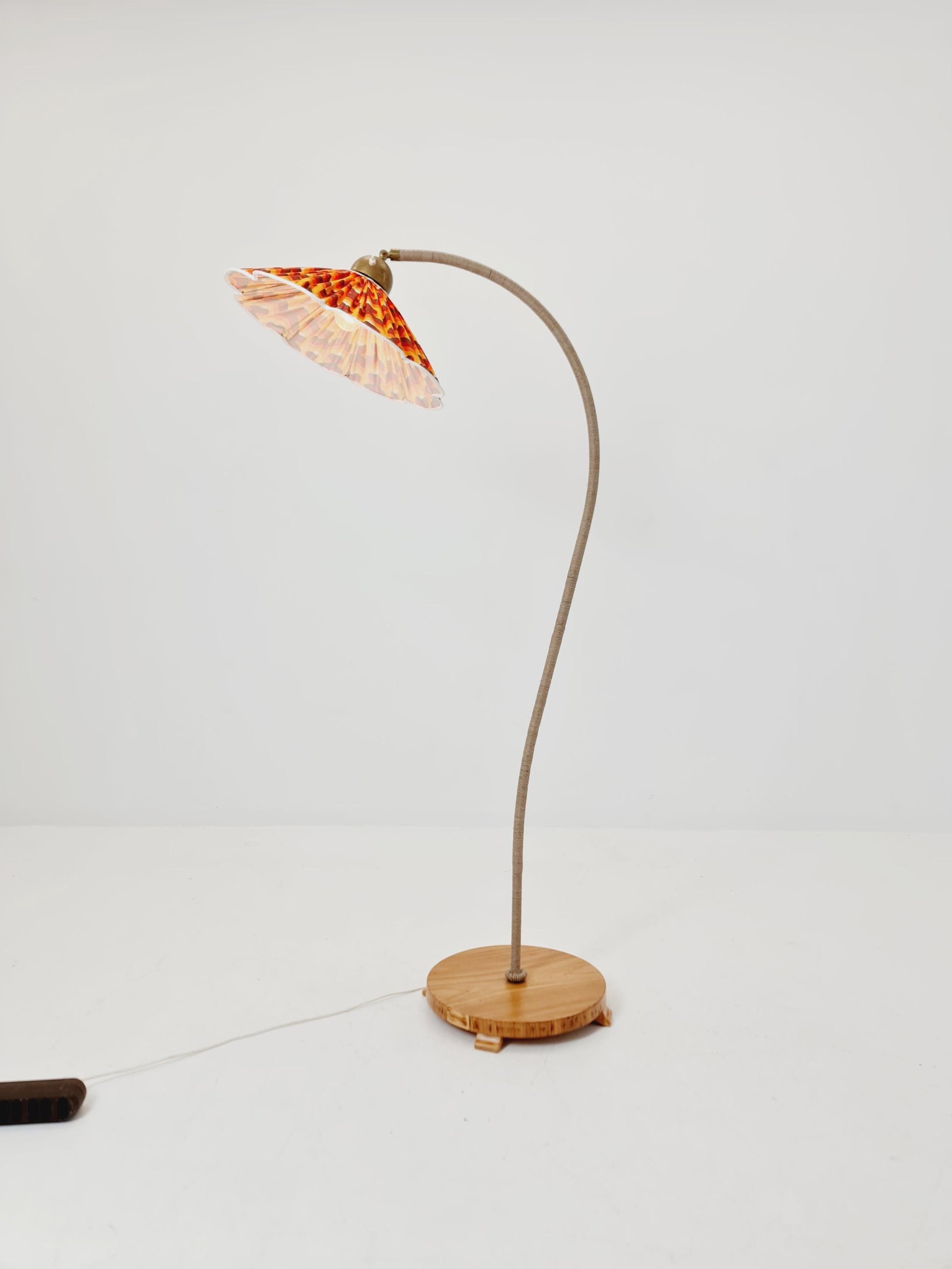 Rare Midcentury vintage gooseneck floor lamp in Wood and Dansih cord shade by Marksljöd Sweden, 1940s