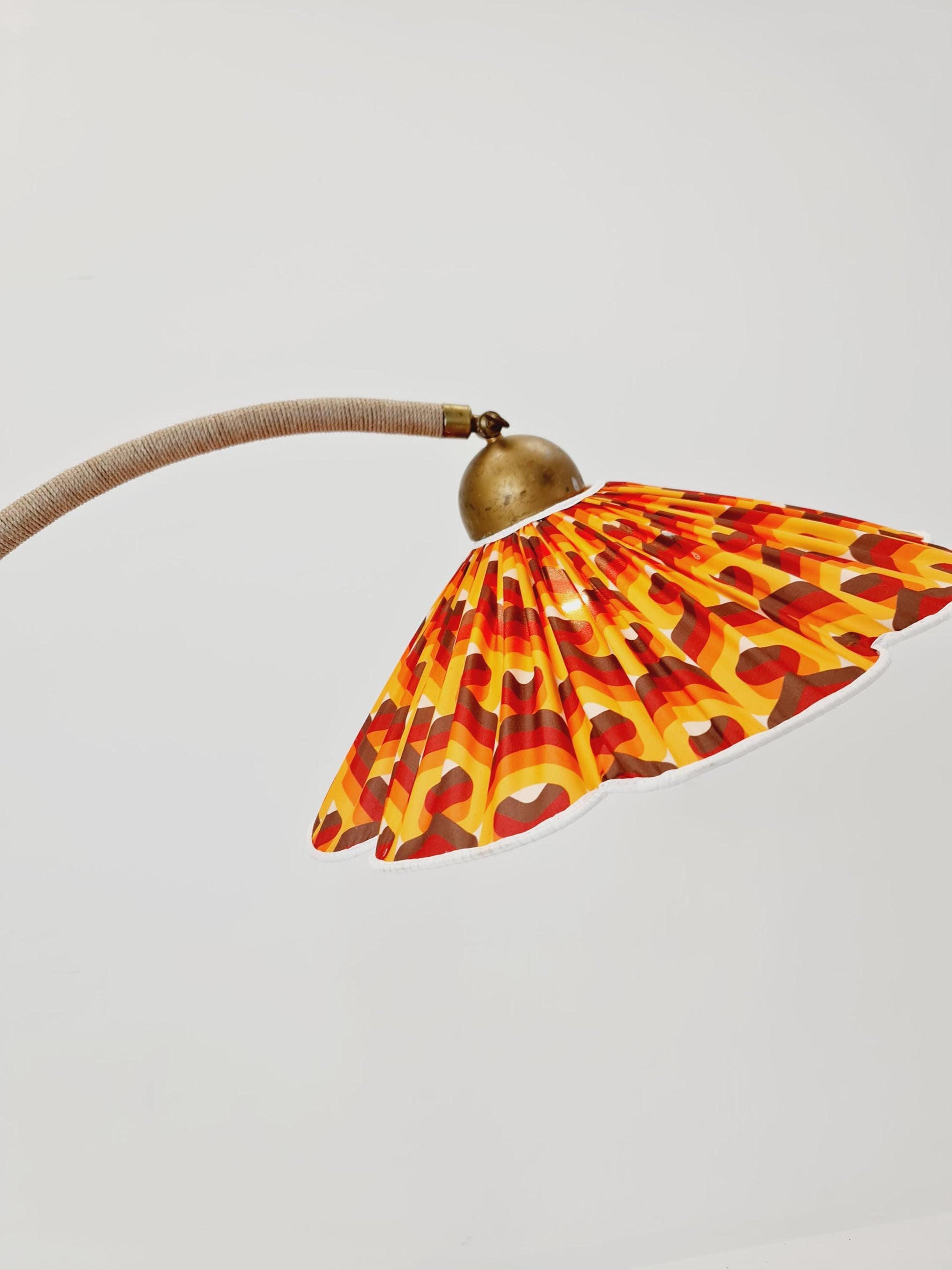 Rare Midcentury vintage gooseneck floor lamp in Wood and Dansih cord shade by Marksljöd Sweden, 1940s