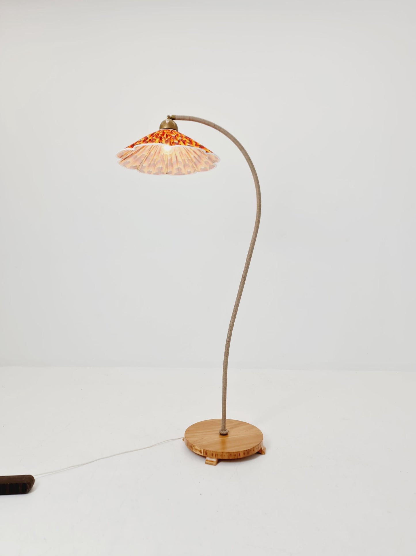 Rare Midcentury vintage gooseneck floor lamp in Wood and Dansih cord shade by Marksljöd Sweden, 1940s