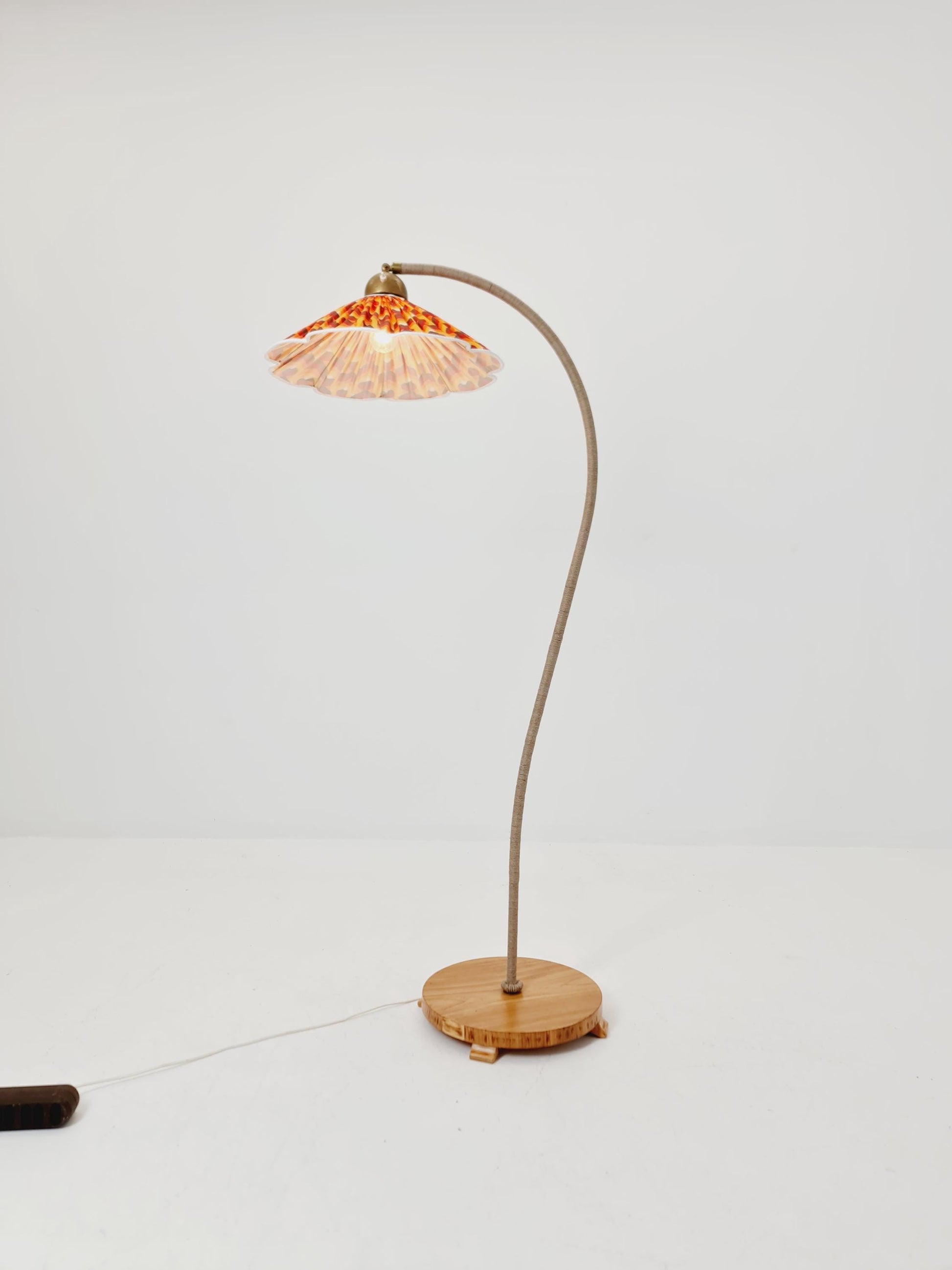 Rare Midcentury vintage gooseneck floor lamp in Wood and Dansih cord shade by Marksljöd Sweden, 1940s