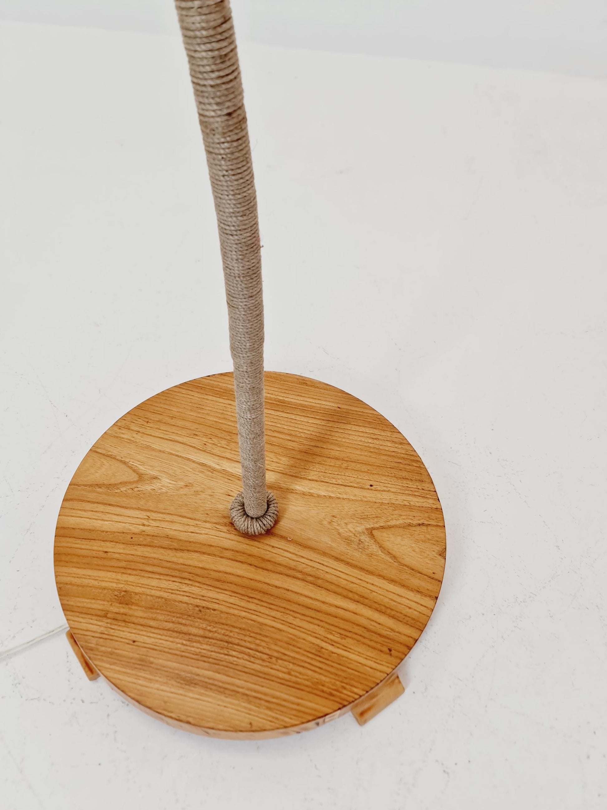 Rare Midcentury vintage gooseneck floor lamp in Wood and Dansih cord shade by Marksljöd Sweden, 1940s