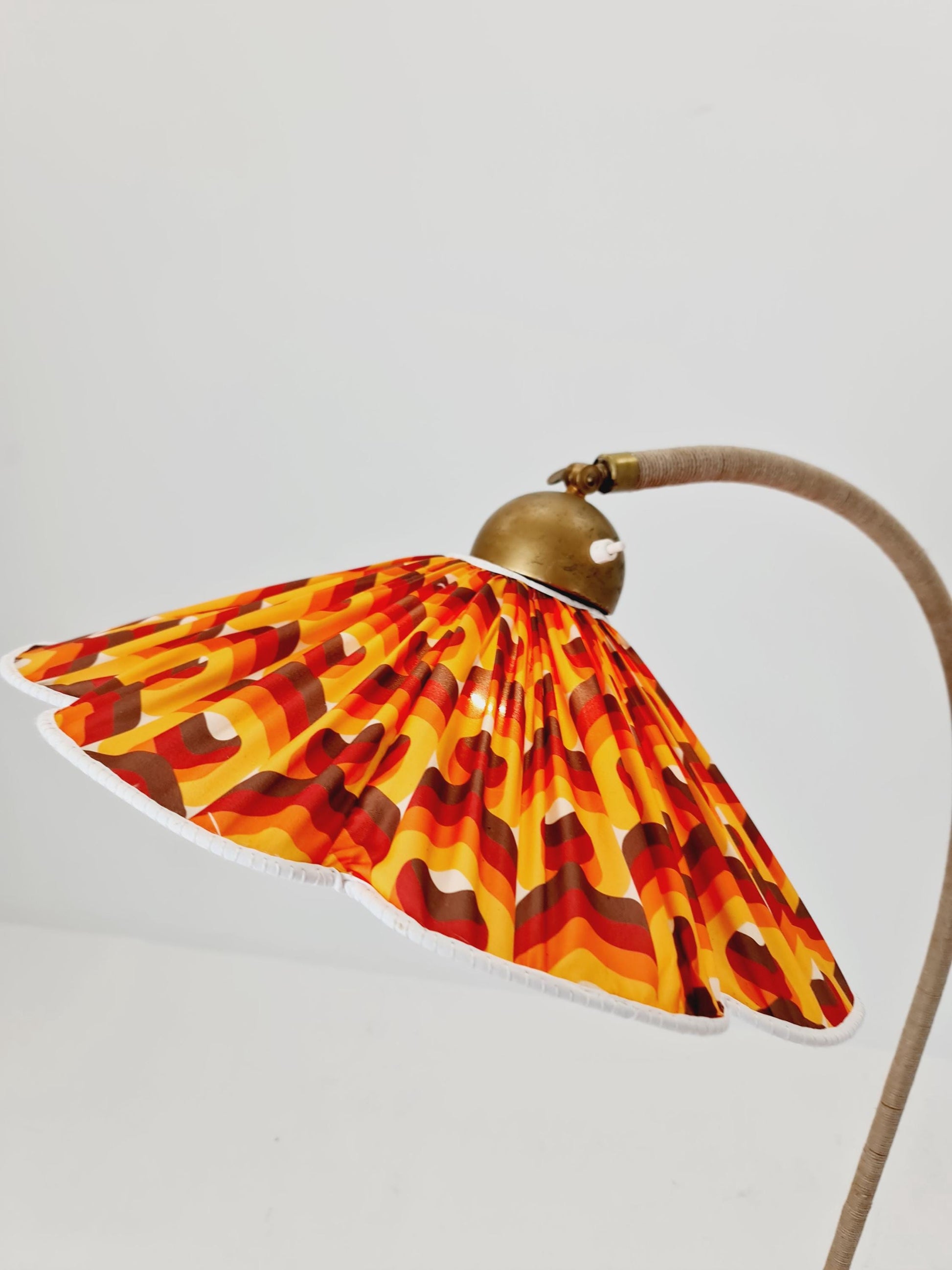 Rare Midcentury vintage gooseneck floor lamp in Wood and Dansih cord shade by Marksljöd Sweden, 1940s