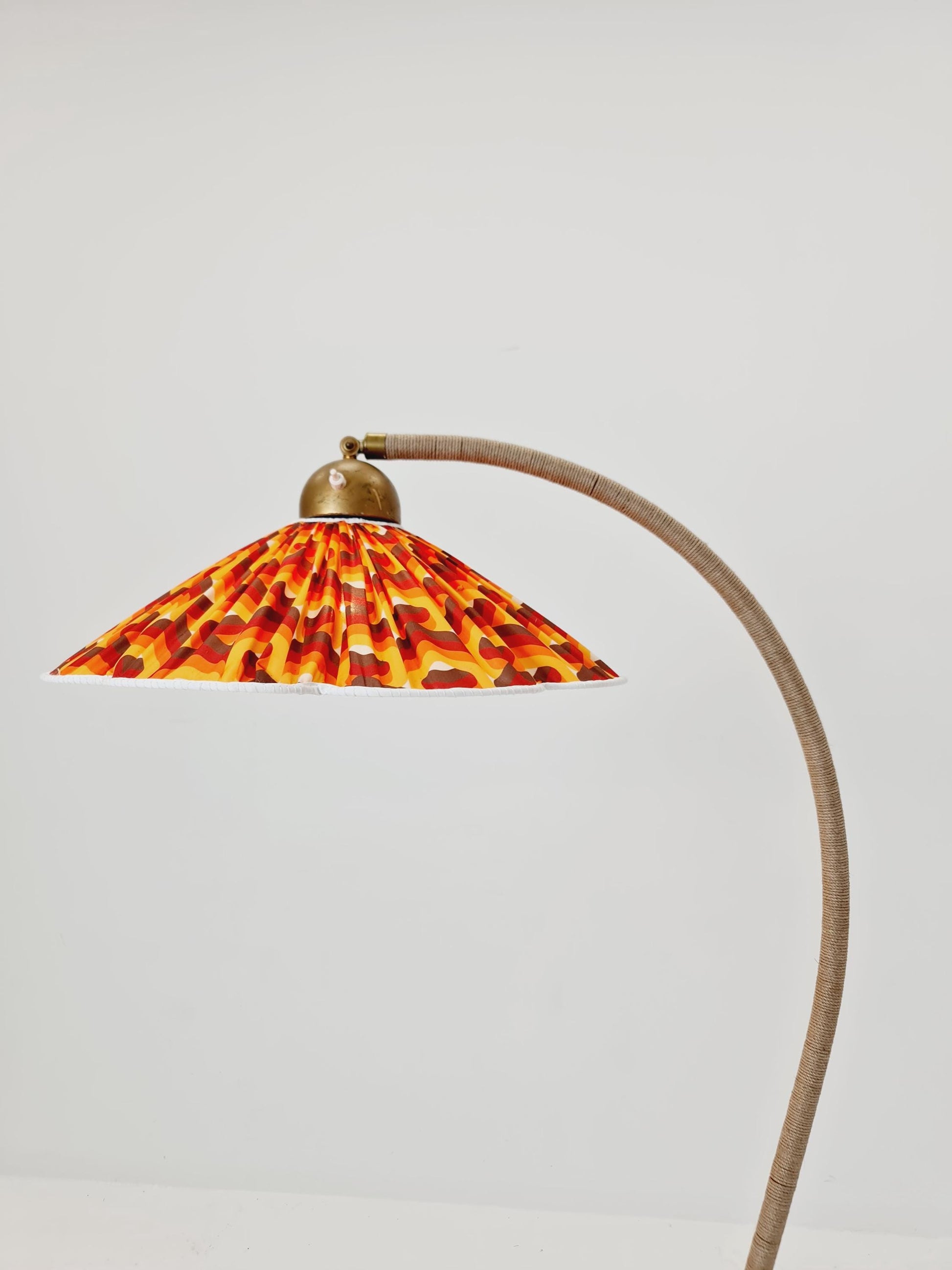 Rare Midcentury vintage gooseneck floor lamp in Wood and Dansih cord shade by Marksljöd Sweden, 1940s