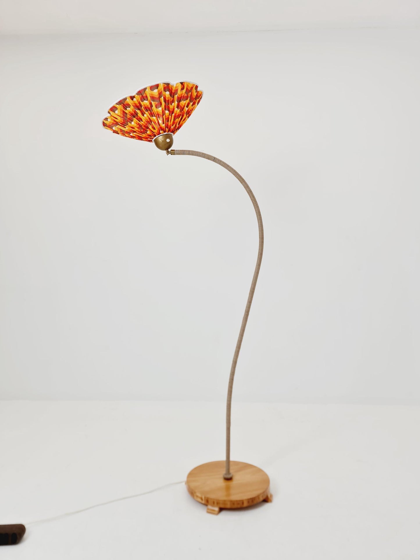 Rare Midcentury vintage gooseneck floor lamp in Wood and Dansih cord shade by Marksljöd Sweden, 1940s