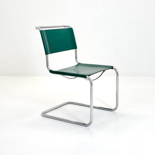 Mid-Century Vintage Mart Stam S33 Cantilever Chair | Bauhaus Chrome & Green Leather | Italy, 1980s
