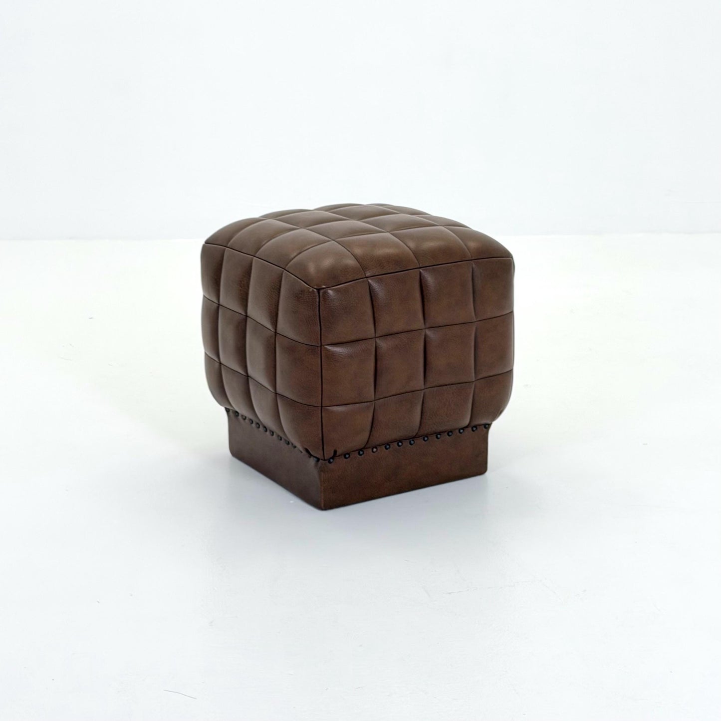 Mid-Century Cubist Brown Leather Stool / Ottoman – Quilted Patchwork Design – Germany, 1980s