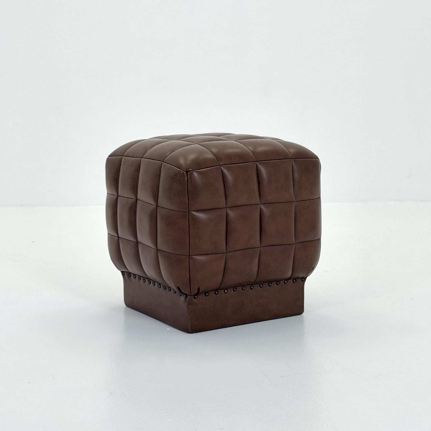 Mid-Century Cubist Brown Leather Stool / Ottoman – Quilted Patchwork Design – Germany, 1980s