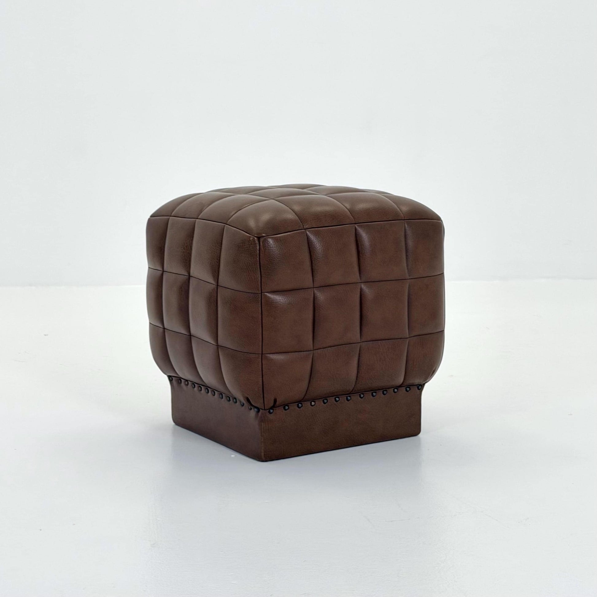 Mid-Century Cubist Brown Leather Stool / Ottoman – Quilted Patchwork Design – Germany, 1980s