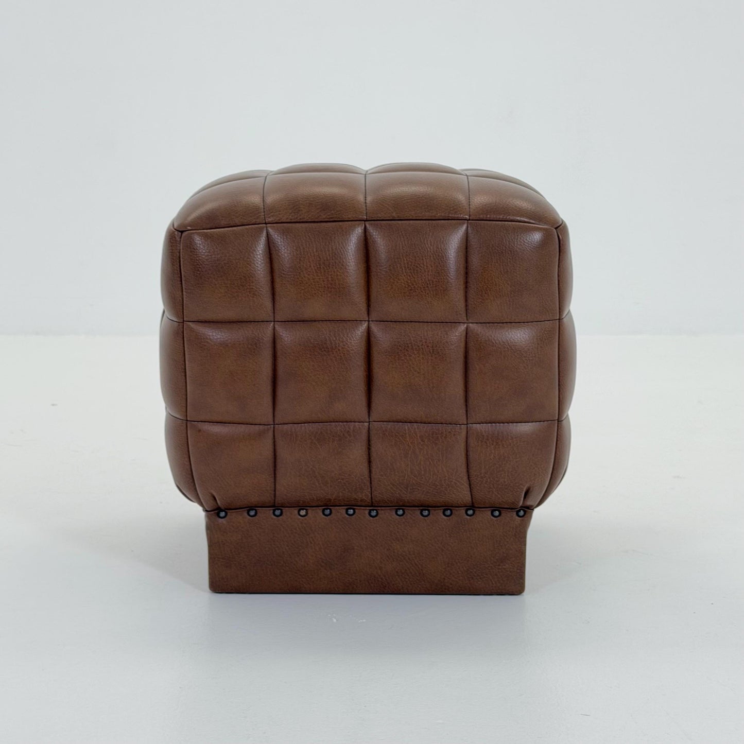 Mid-Century Cubist Brown Leather Stool / Ottoman – Quilted Patchwork Design – Germany, 1980s