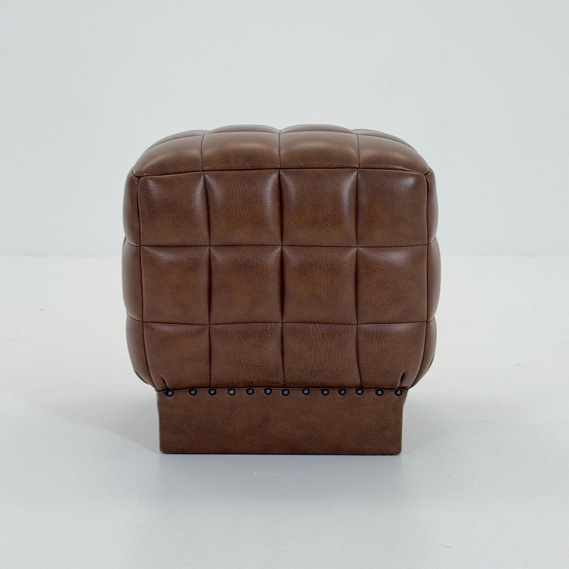 Mid-Century Cubist Brown Leather Stool / Ottoman – Quilted Patchwork Design – Germany, 1980s