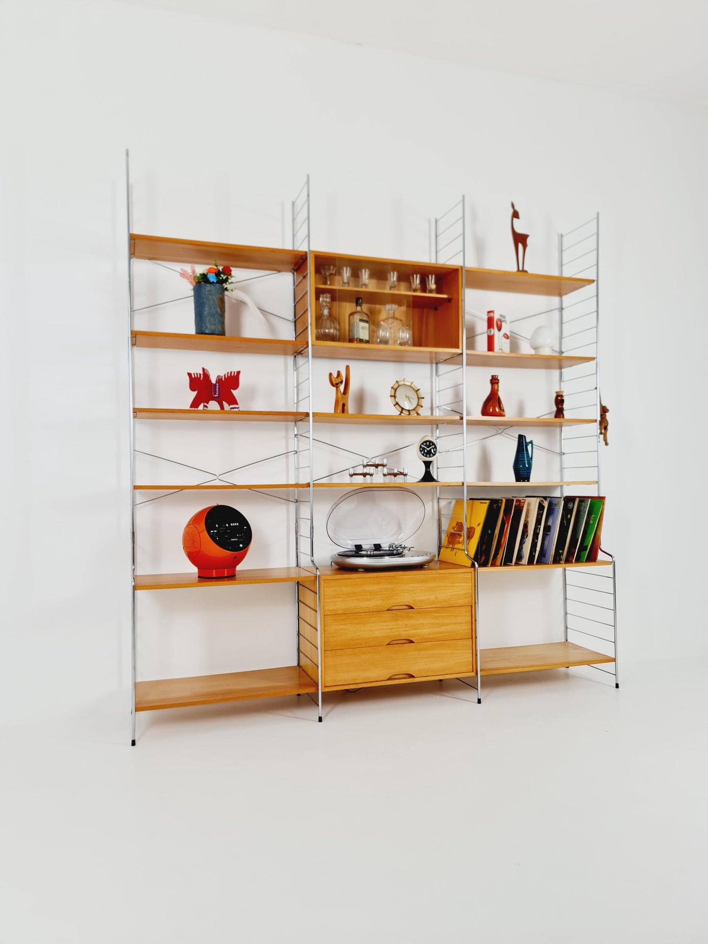 Mid century String shelf-system, bookcase with Record cabinet Ash wood by WHB Germany, 1950s