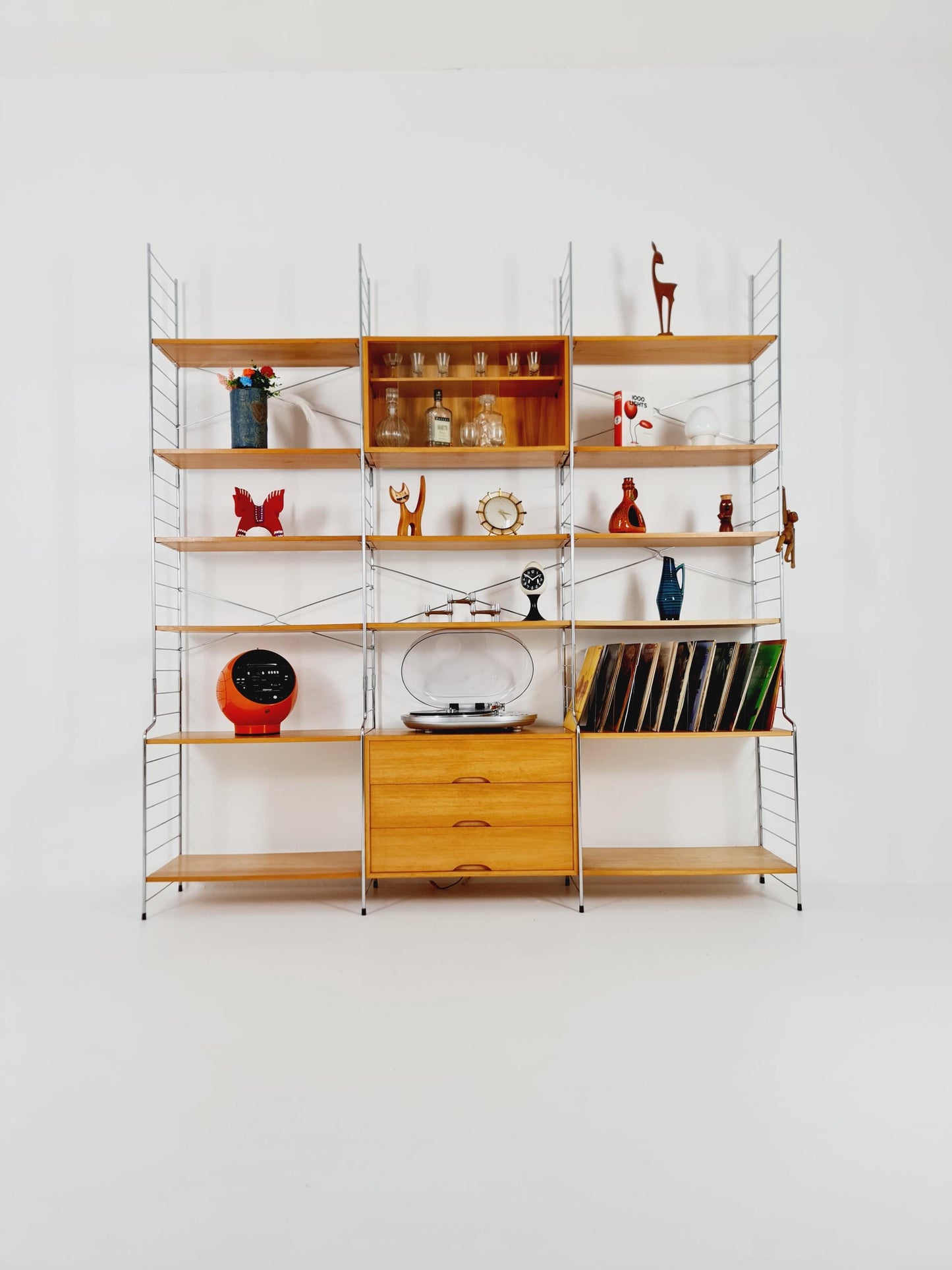 Mid century String shelf-system, bookcase with Record cabinet Ash wood by WHB Germany, 1950s