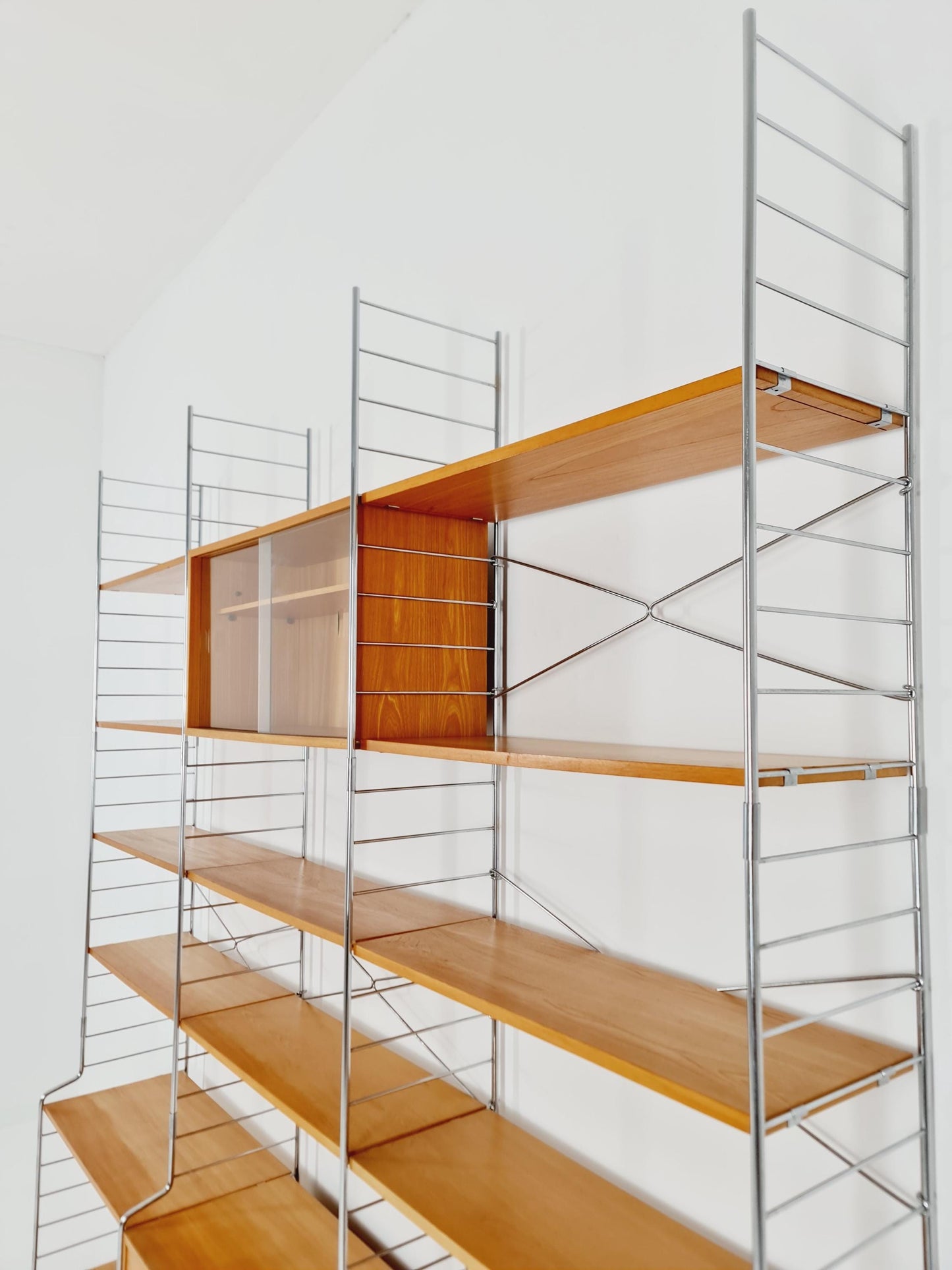 Mid century String shelf-system, bookcase with Record cabinet Ash wood by WHB Germany, 1950s