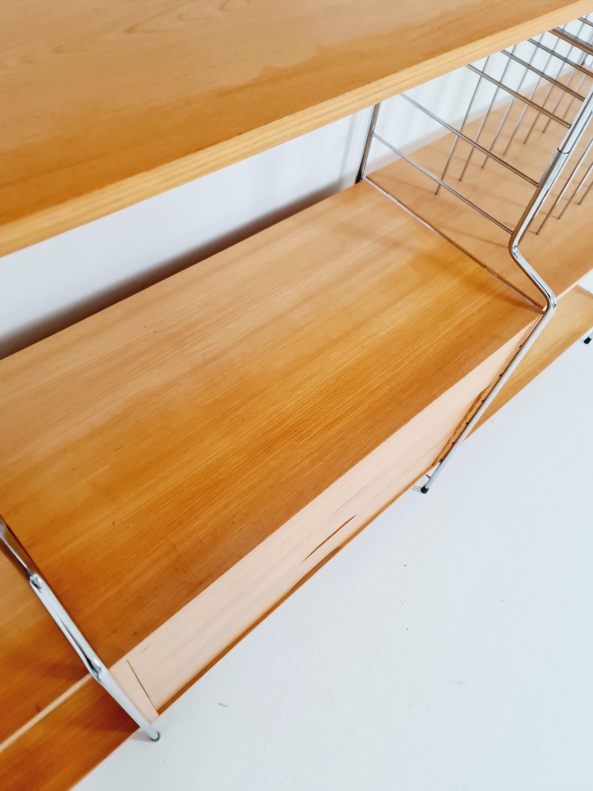 Mid century String shelf-system, bookcase with Record cabinet Ash wood by WHB Germany, 1950s