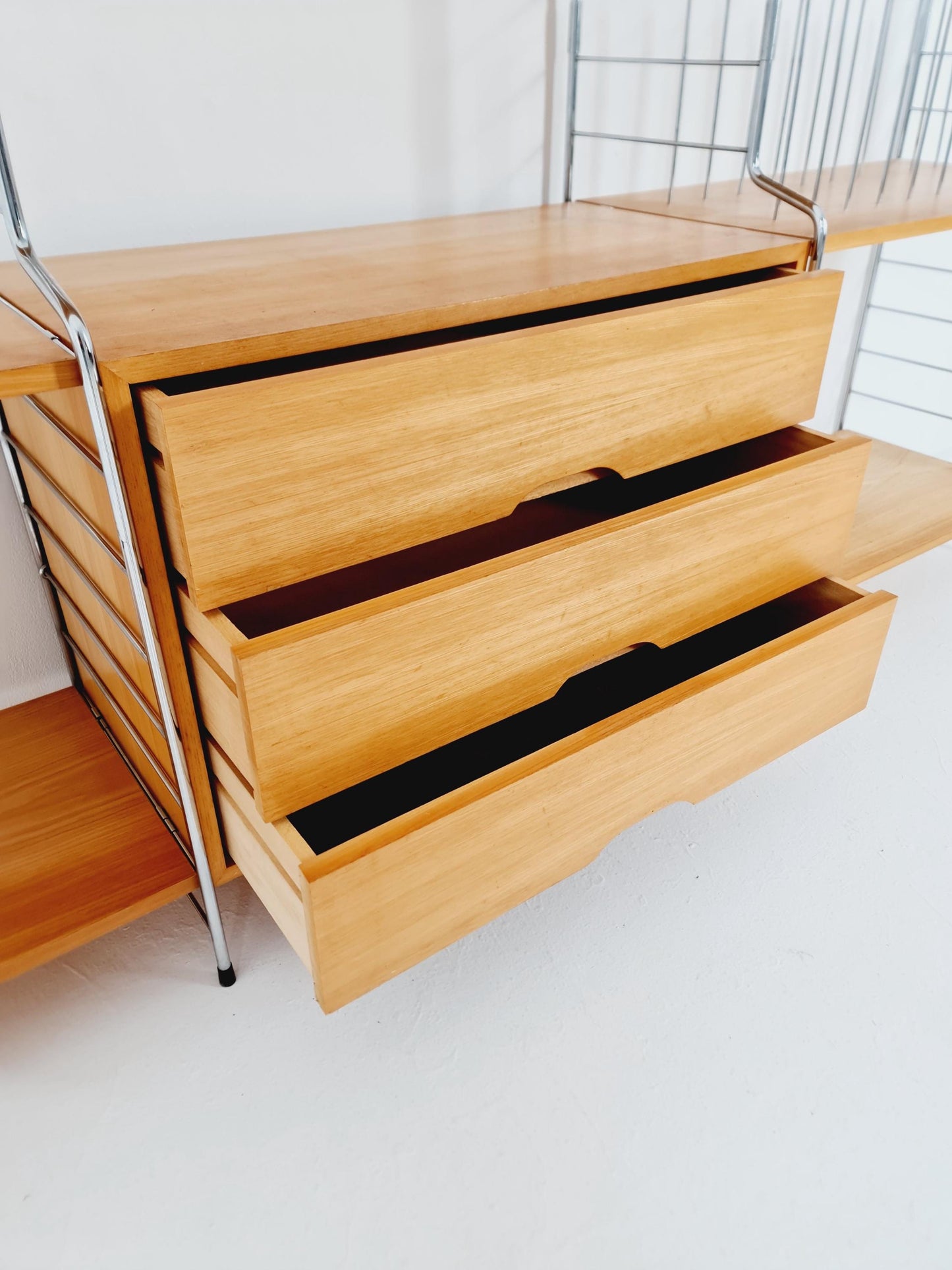 Mid century String shelf-system, bookcase with Record cabinet Ash wood by WHB Germany, 1950s