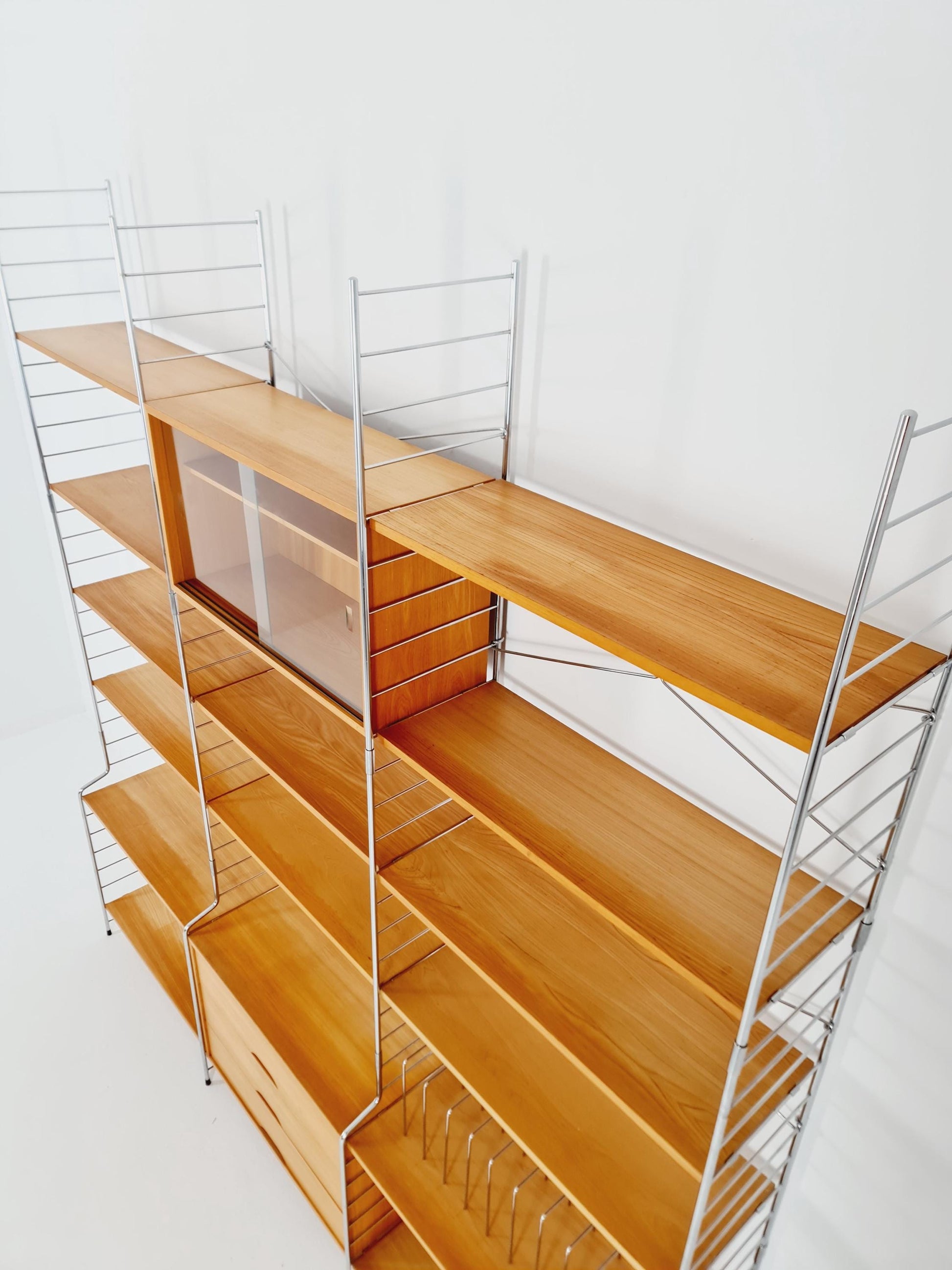 Mid century String shelf-system, bookcase with Record cabinet Ash wood by WHB Germany, 1950s