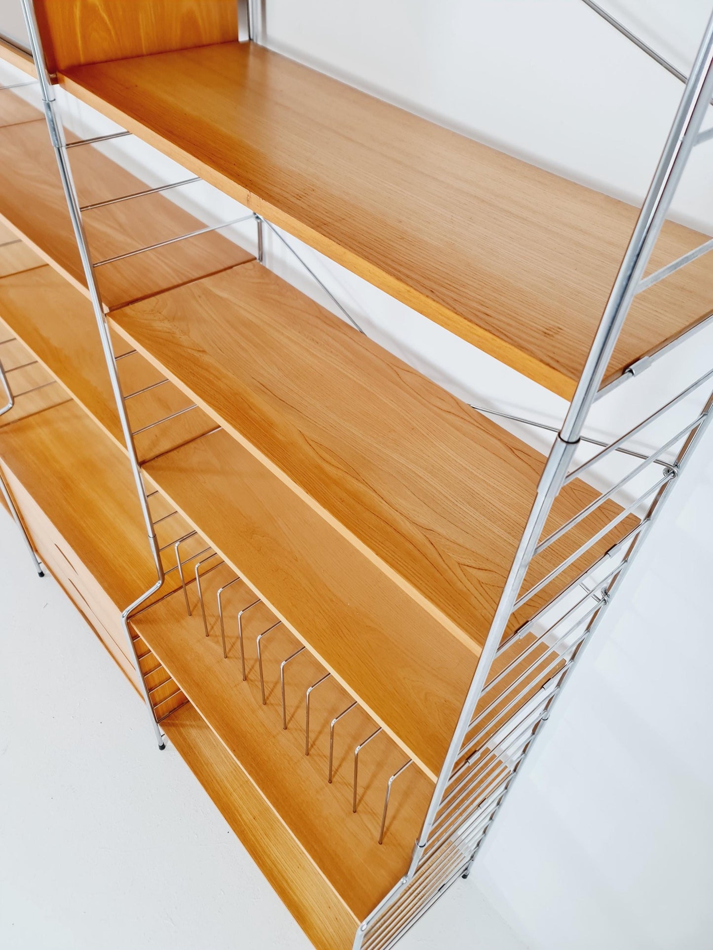 Mid century String shelf-system, bookcase with Record cabinet Ash wood by WHB Germany, 1950s