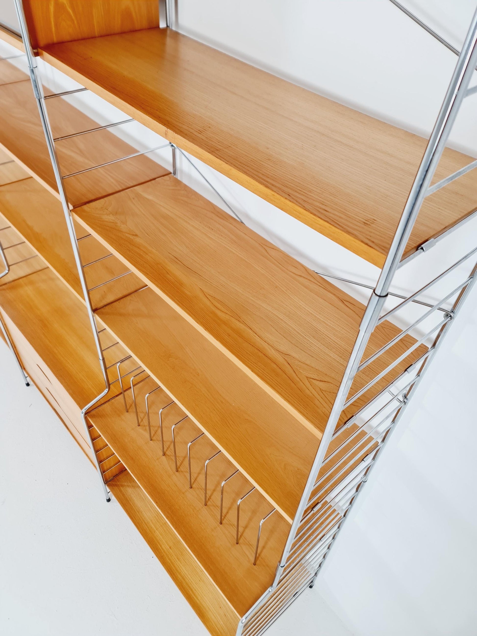 Mid century String shelf-system, bookcase with Record cabinet Ash wood by WHB Germany, 1950s